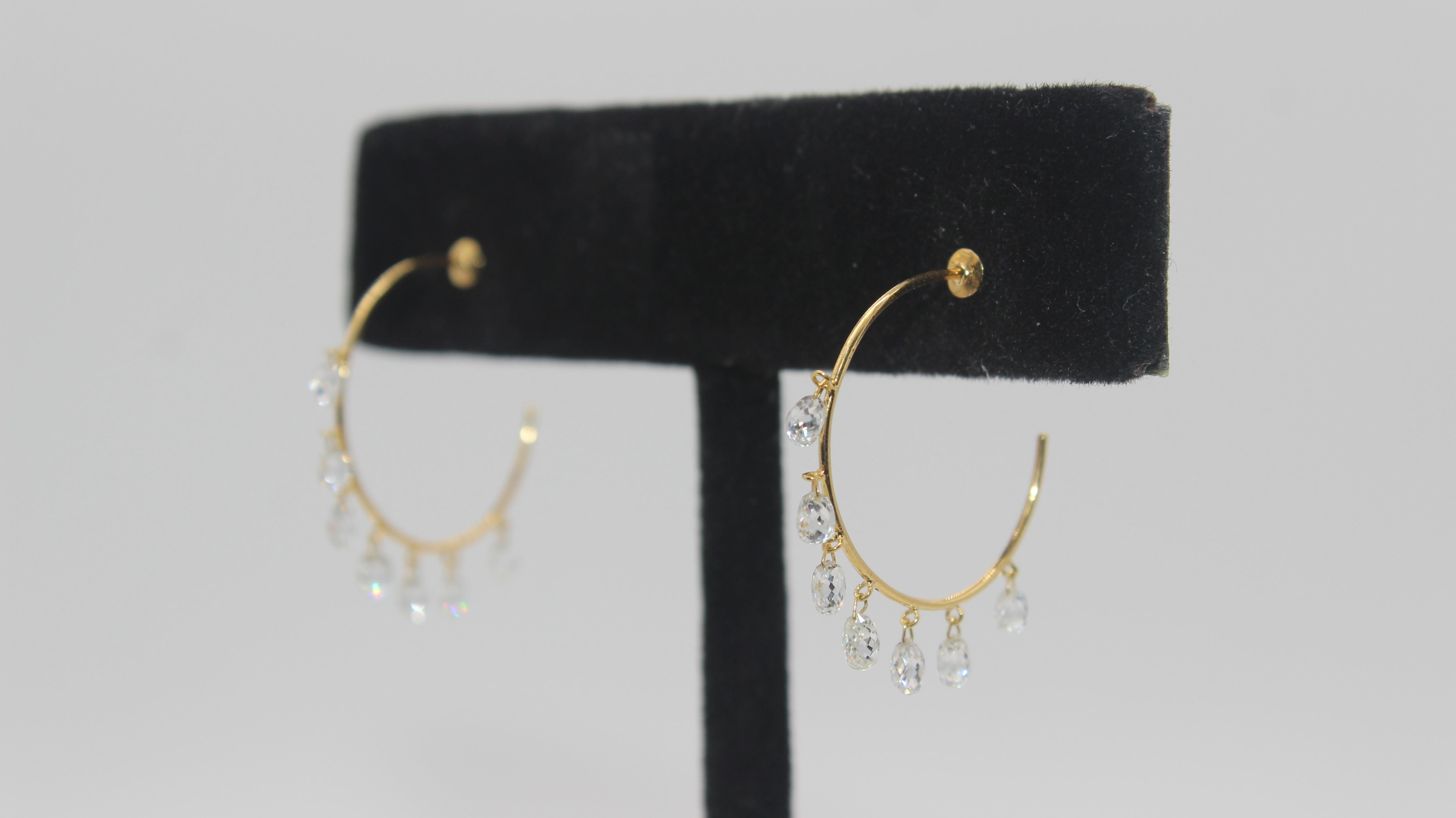 PANIM 2.84 Carats Diamond Briolette 18 Karat Yellow Gold Hoop Earrings For Sale 2
