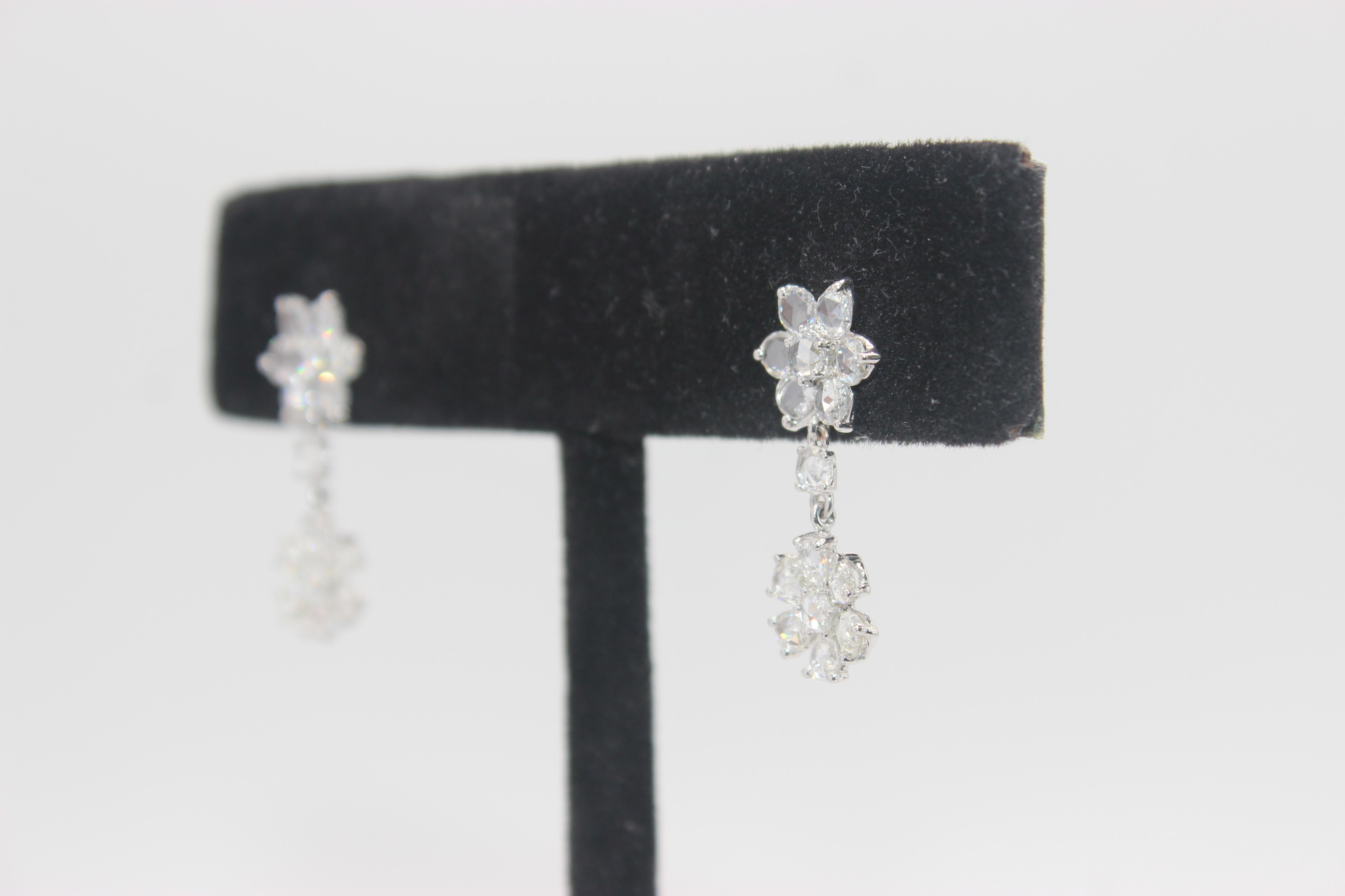 PANIM 2.87 Carat Diamond Rosecut 18K White Gold Floral Earrings

