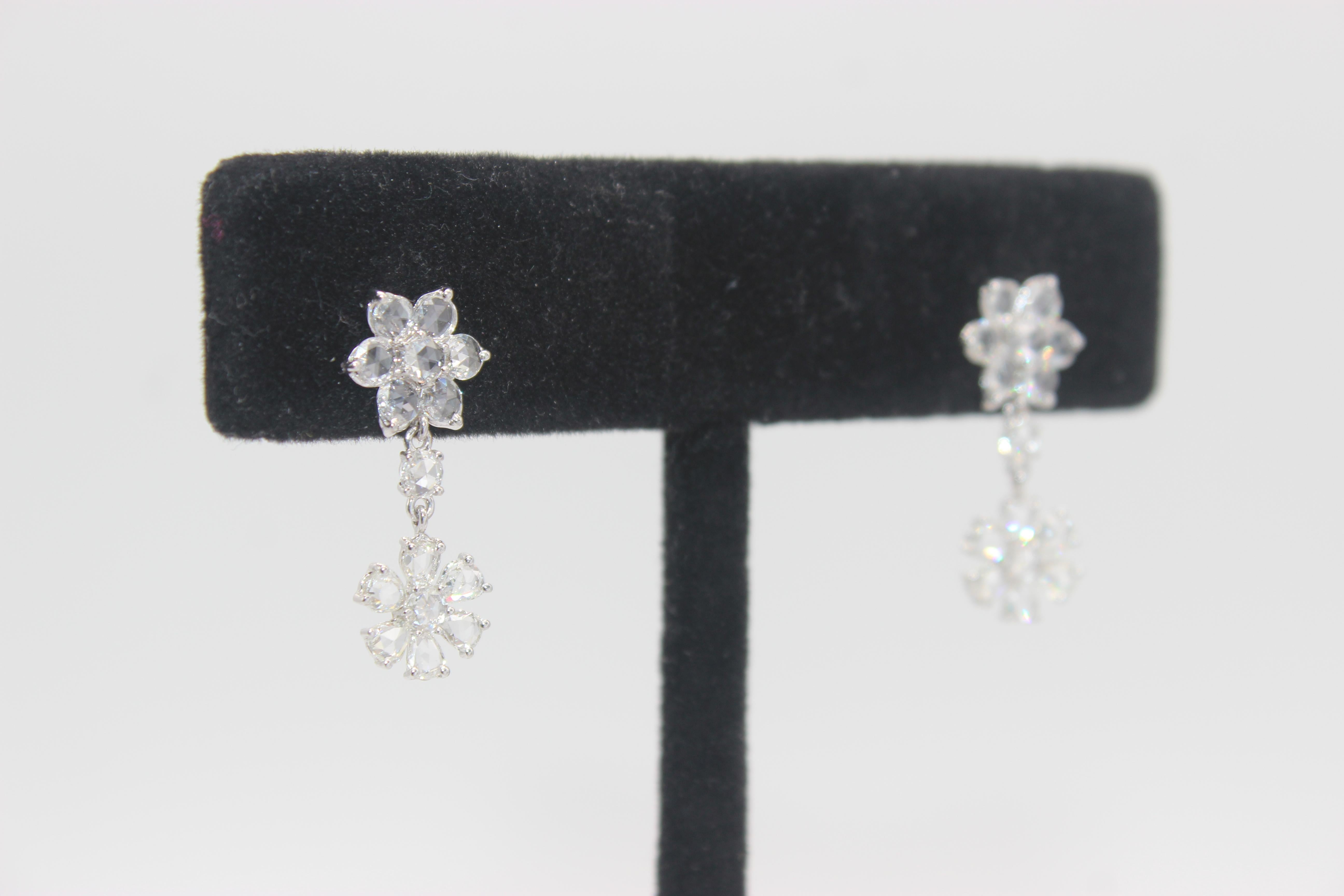 PANIM 2.87 Carat Diamond Rosecut 18K White Gold Floral Earrings For Sale 2