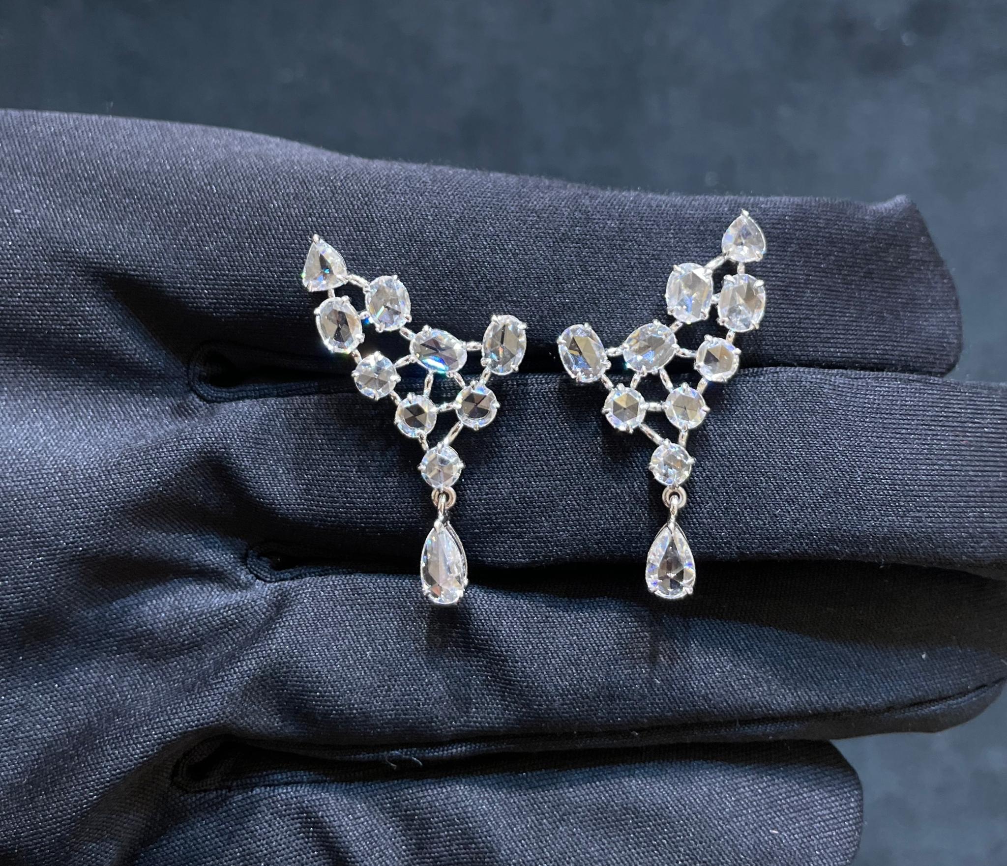 Taille rose PANIM Boucles d'oreilles à oreilles en or blanc 18 carats avec diamants taille rose de 3,84 carats en vente