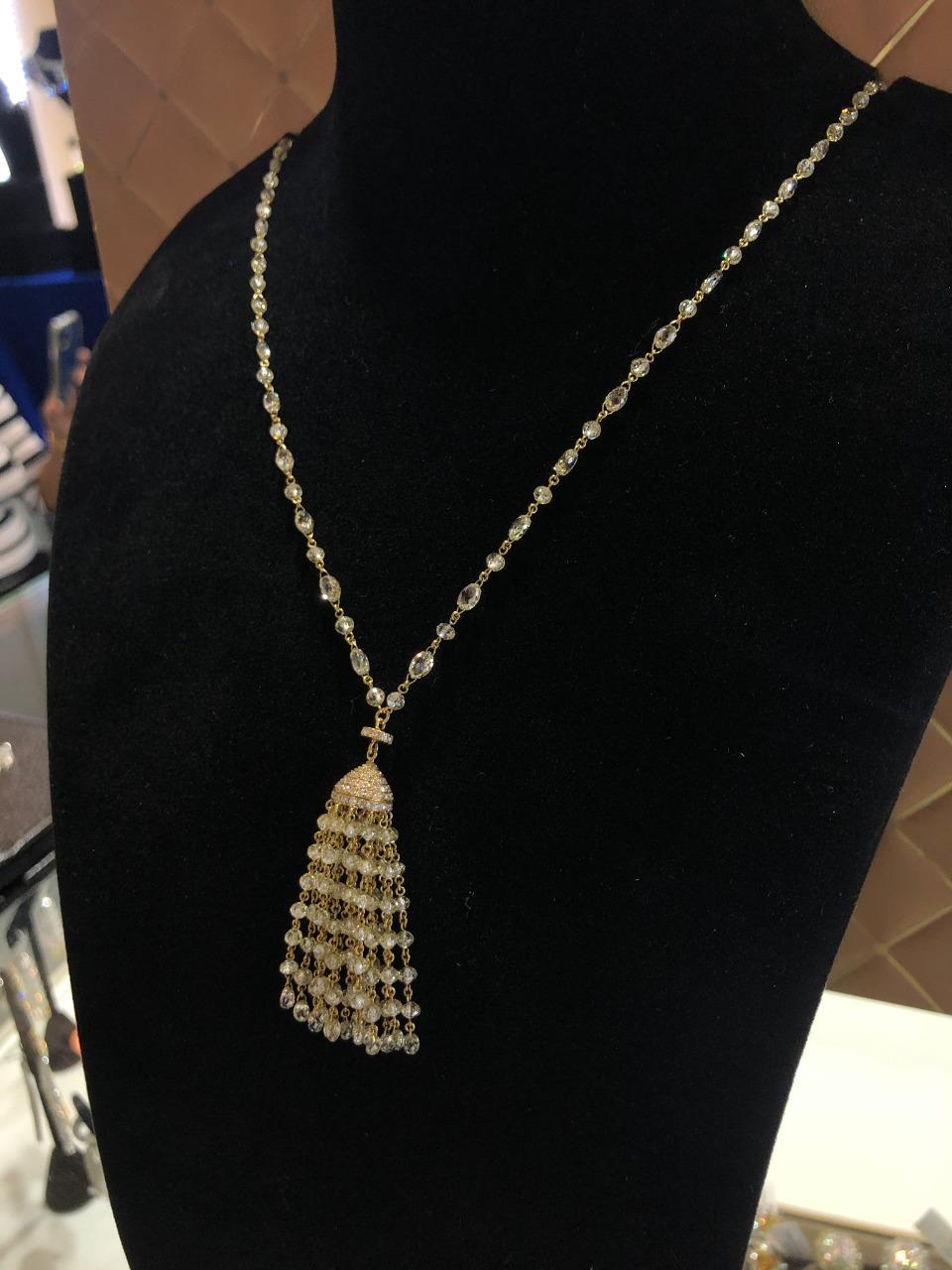 Contemporary PANIM 36.46Ct Diamond Briolette & Beads Tassel Necklace in 18 Karat Yellow Gold For Sale