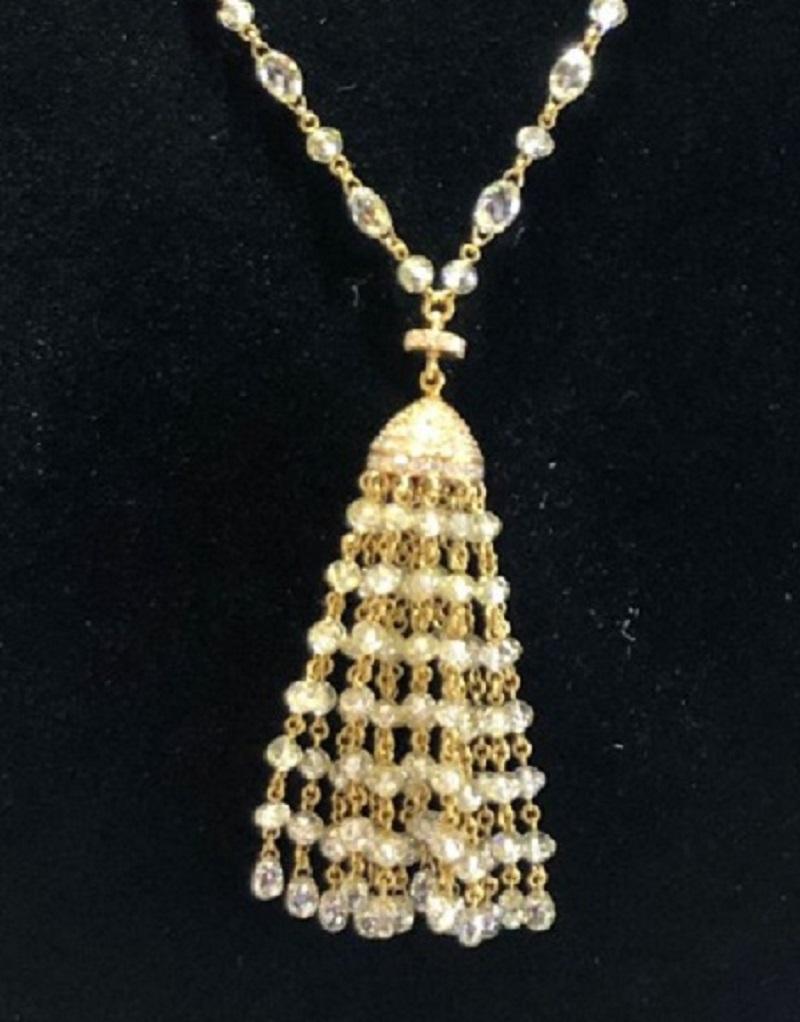 Briolette Cut PANIM 36.46Ct Diamond Briolette & Beads Tassel Necklace in 18 Karat Yellow Gold For Sale