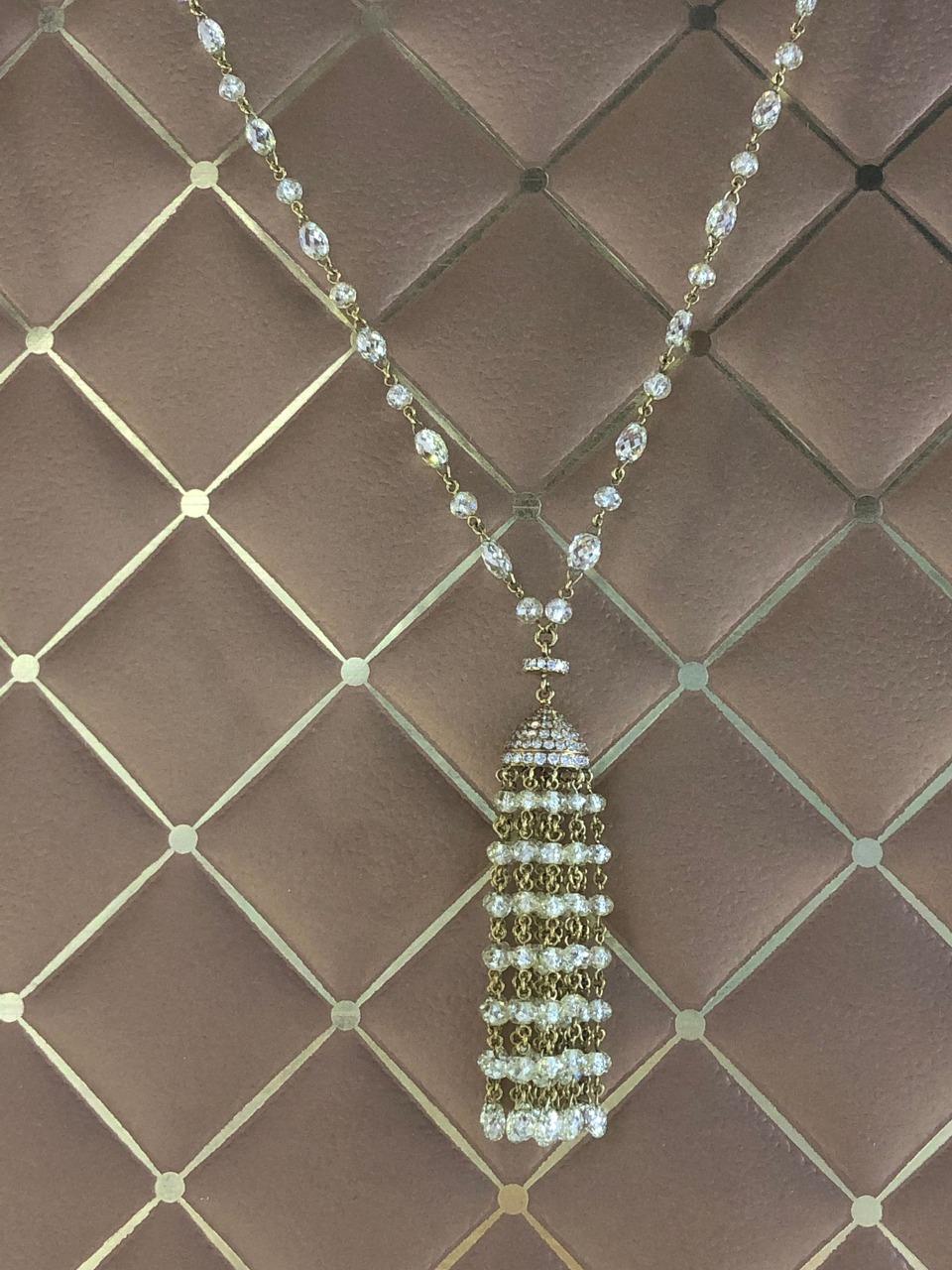 Women's PANIM 36.46Ct Diamond Briolette & Beads Tassel Necklace in 18 Karat Yellow Gold For Sale
