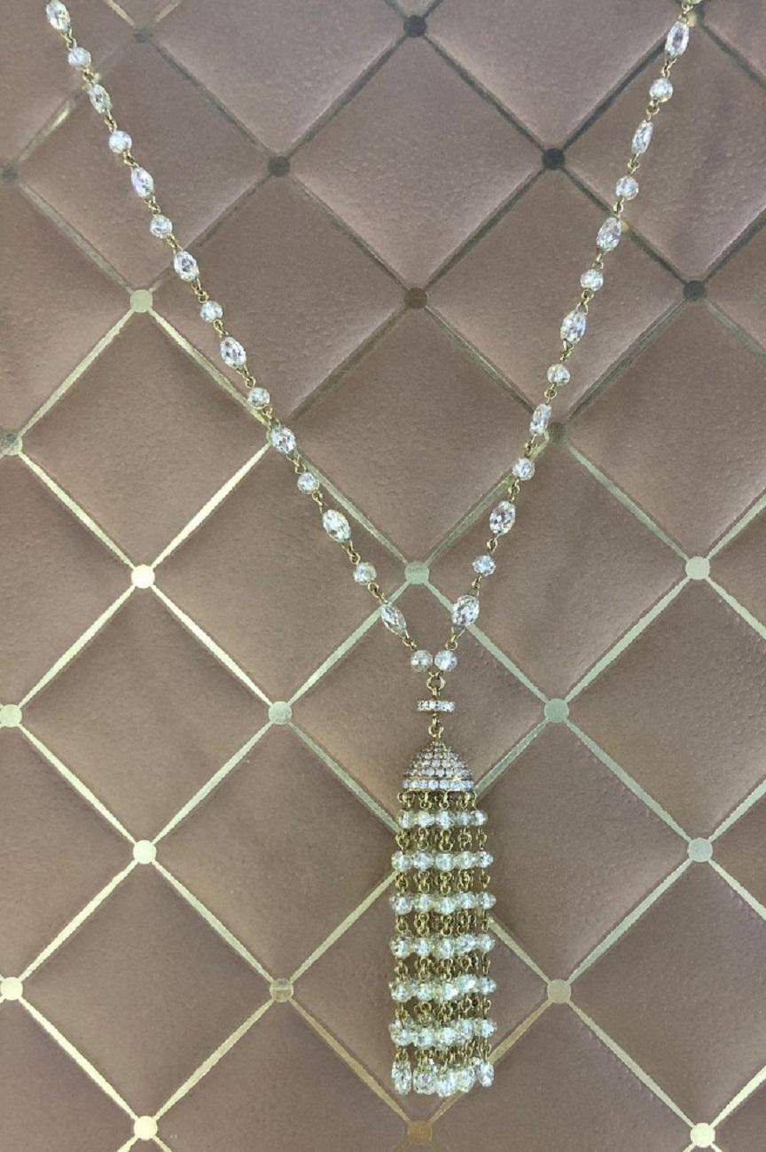 PANIM 36.46Ct Diamond Briolette & Beads Tassel Necklace in 18 Karat Yellow Gold For Sale 1