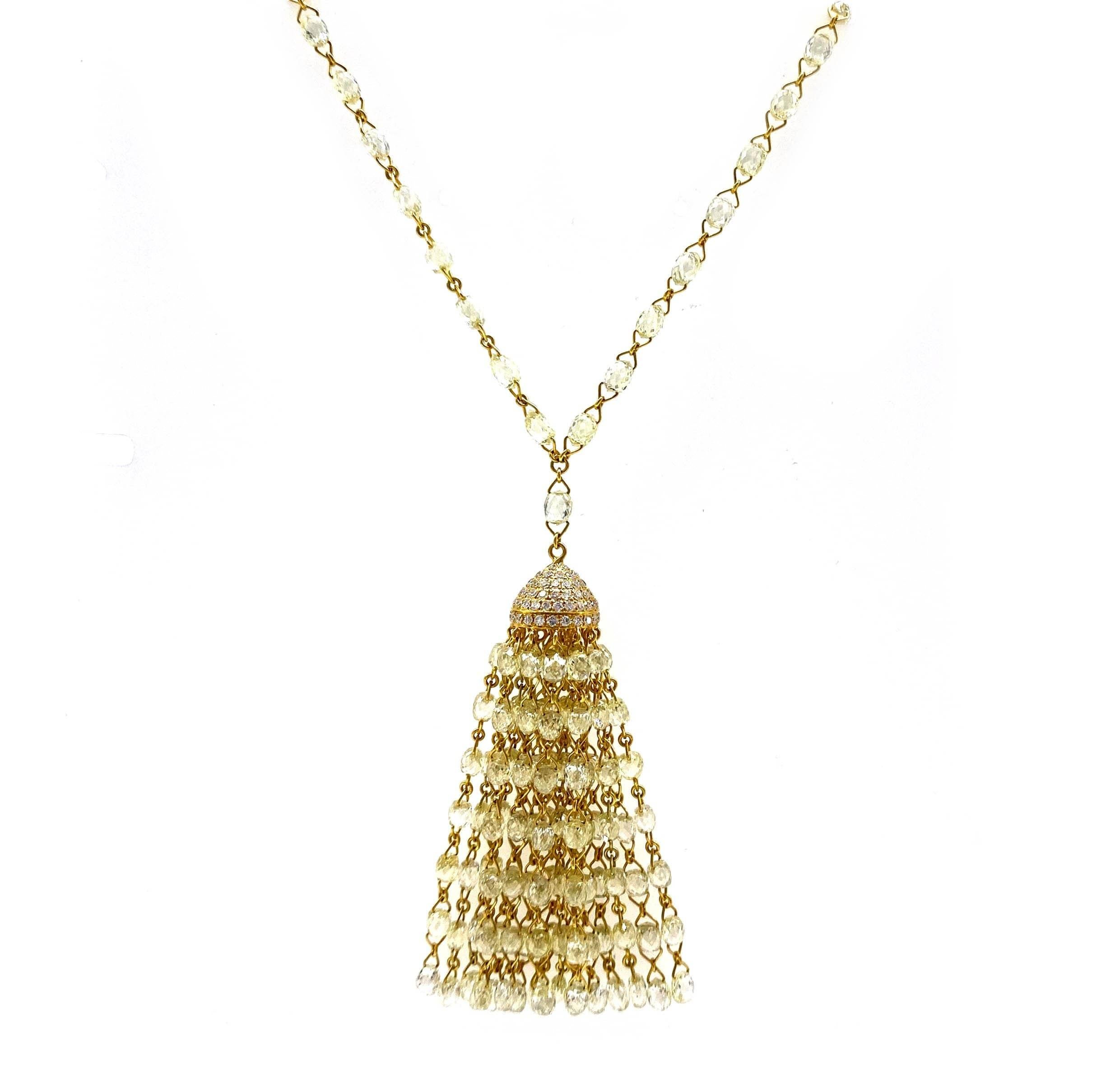 PANIM 36.46Ct Diamond Briolette & Beads Tassel Necklace in 18 Karat Yellow Gold For Sale 2