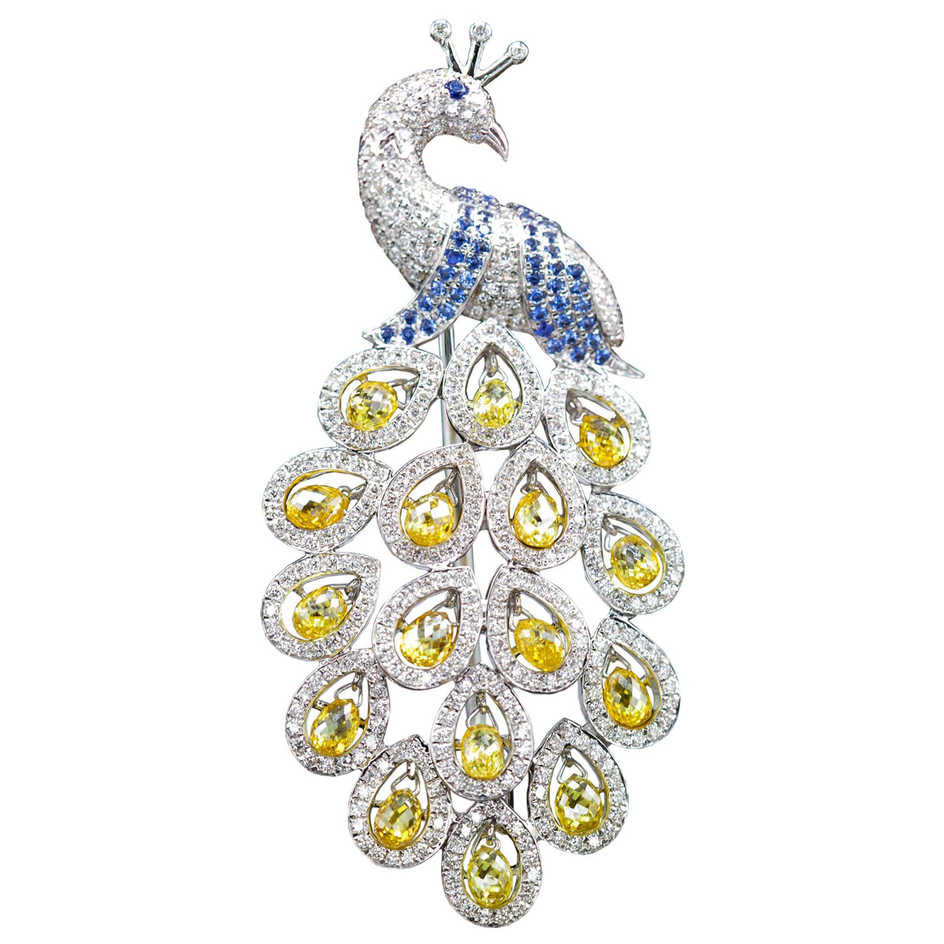 PANIM 3.75 Carat Fancy Color Diamond Briolettes 18k White Gold Peacock Brooch