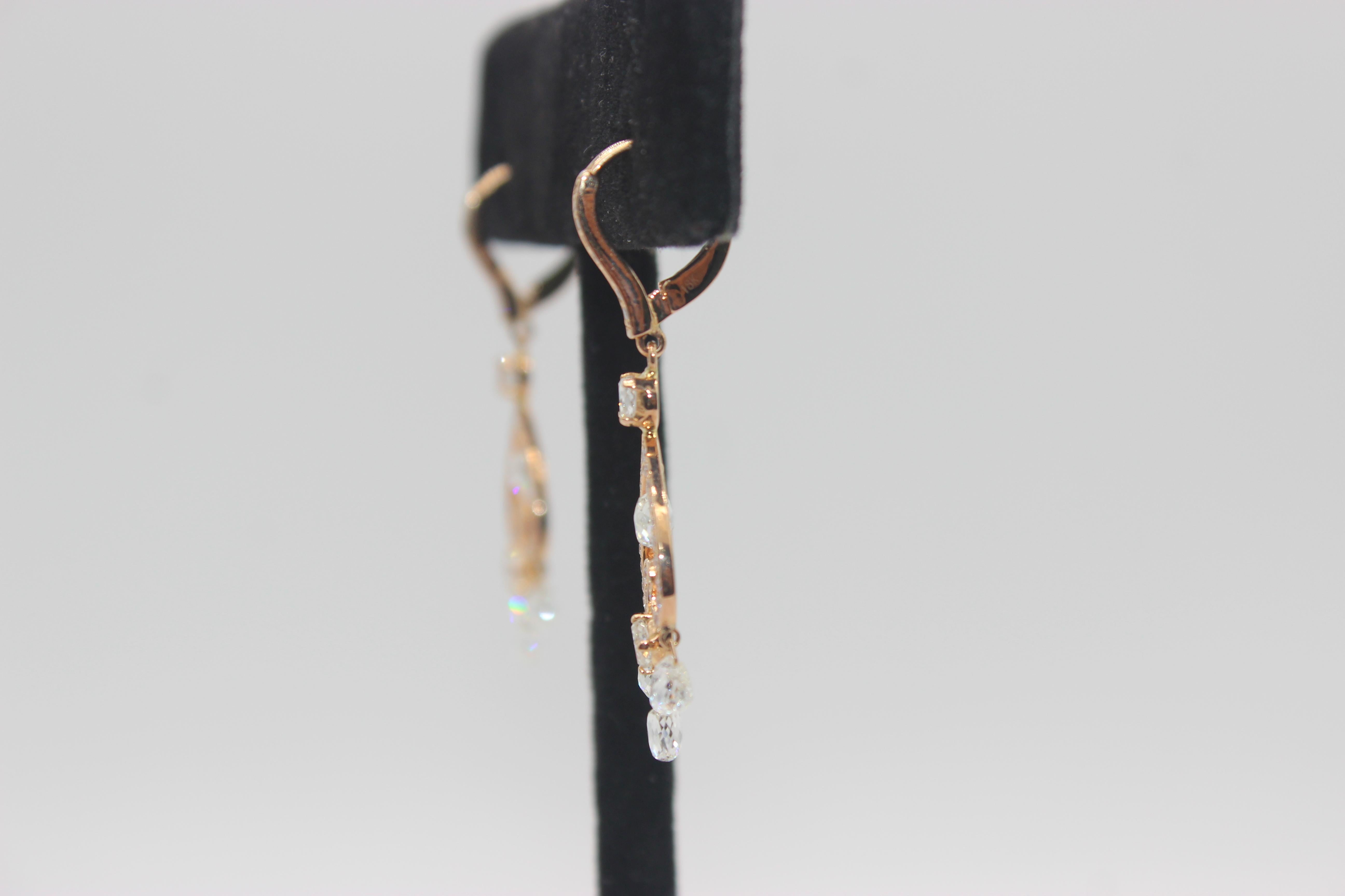 Modern PANIM 3.80 Carat Diamond Briolette & Roundell 18K Rose Gold Earrings For Sale