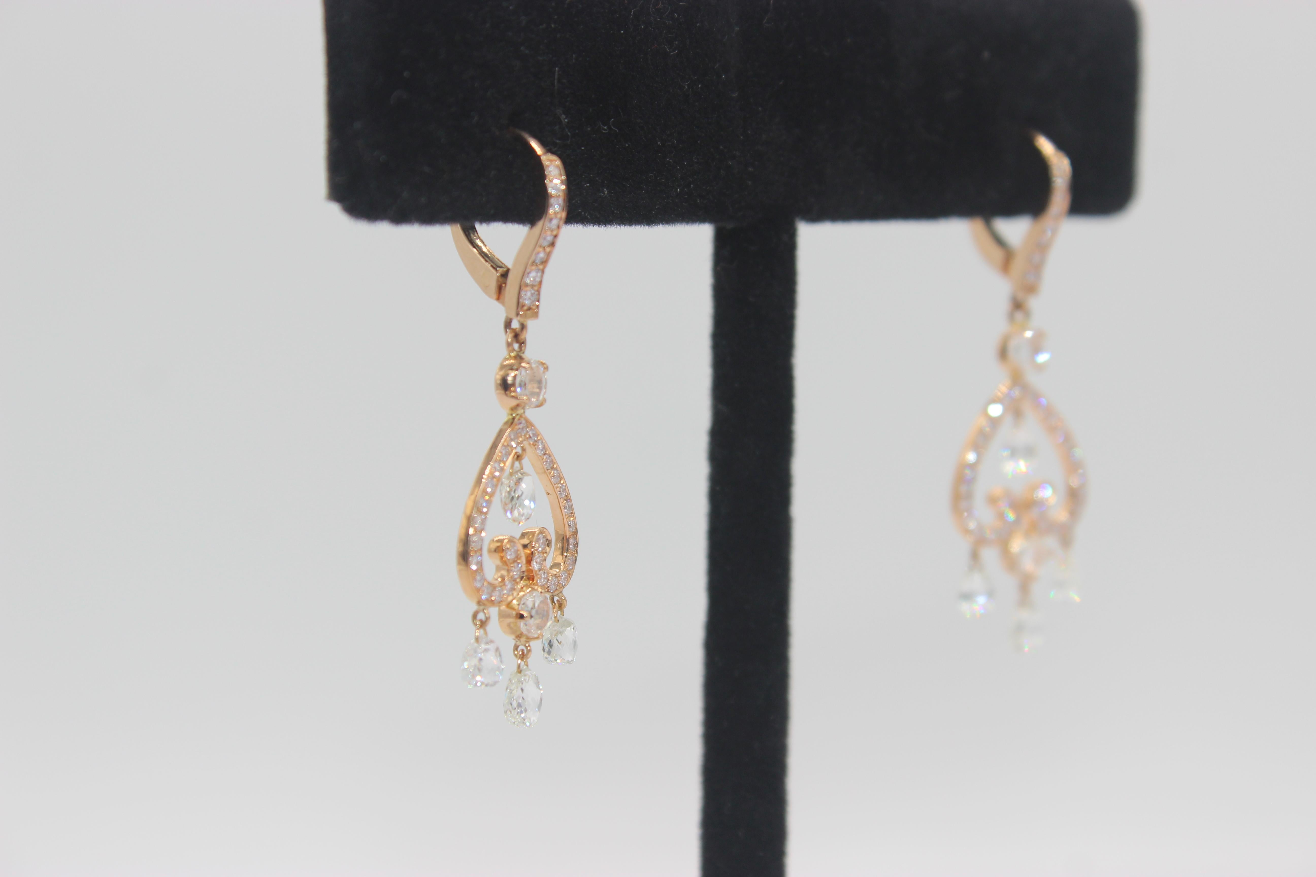 Briolette Cut PANIM 3.80 Carat Diamond Briolette & Roundell 18K Rose Gold Earrings For Sale