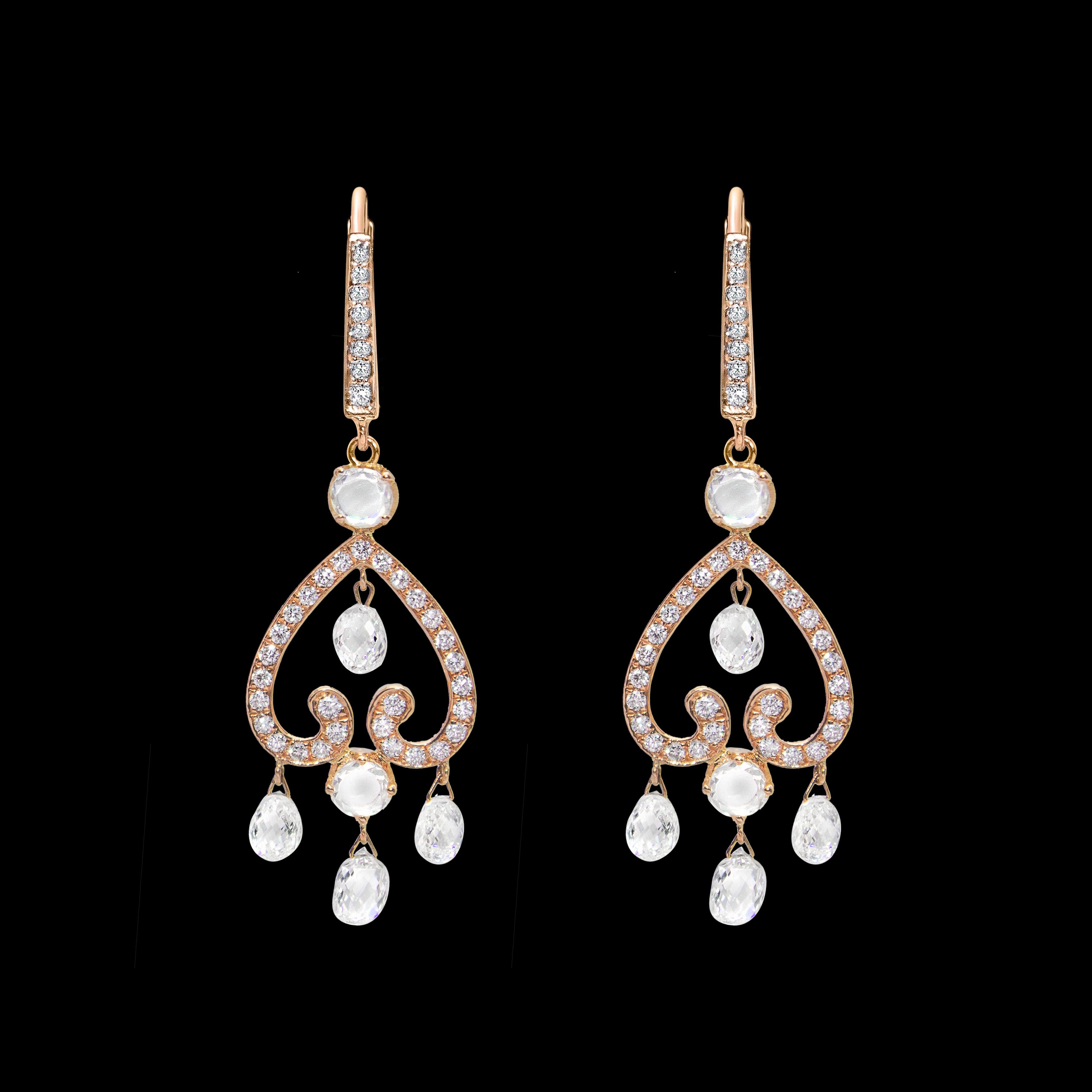 PANIM 3.80 Carat Diamond Briolette & Roundell 18K Rose Gold Earrings For Sale 1