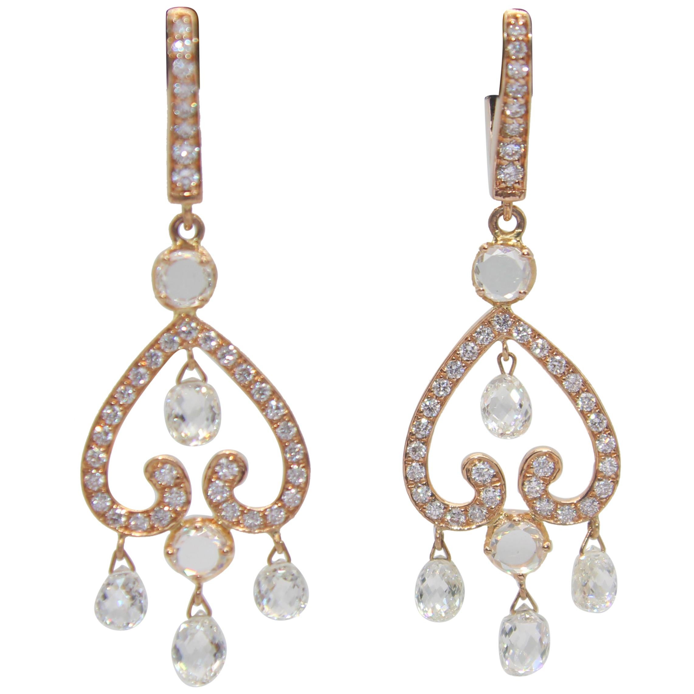 PANIM 3.80 Carat Diamond Briolette & Roundell 18K Rose Gold Earrings For Sale