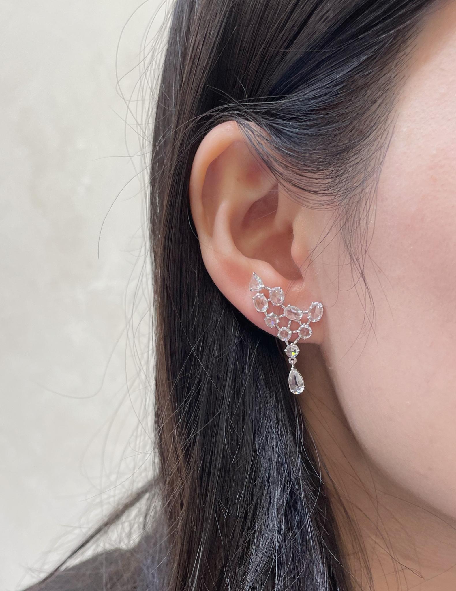 Modern Panim 3.52 cts Diamond Rosecut 18K White Gold Earrings For Sale