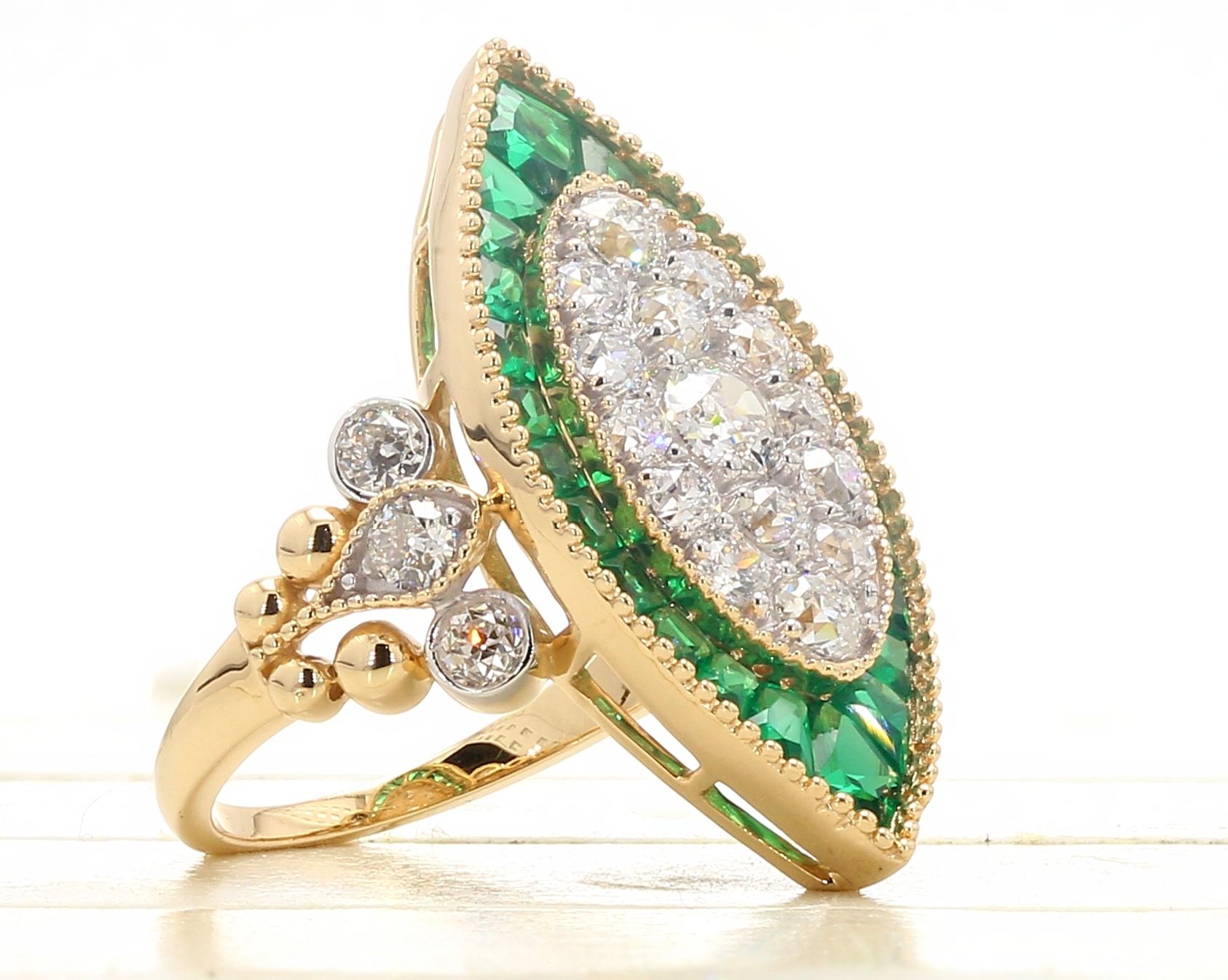 Modern PANIM 3.85 Carats 18K Yellow Gold Old European Cut Diamond & Emerald Ring For Sale