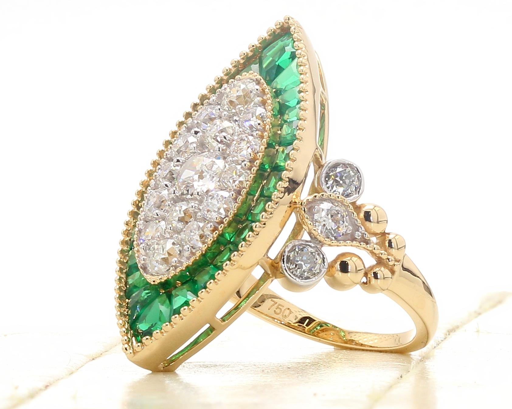 PANIM 3.85 Carats 18K Yellow Gold Old European Cut Diamond & Emerald Ring For Sale 2