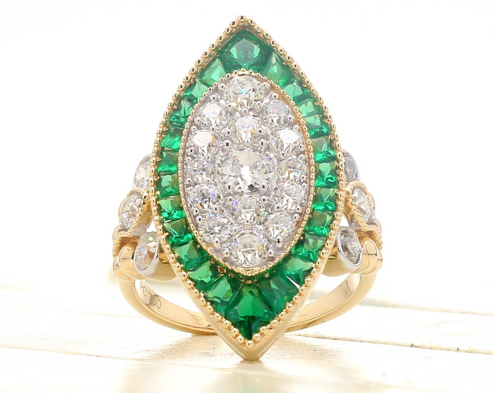 PANIM 3.85 Carats 18K Yellow Gold Old European Cut Diamond & Emerald Ring For Sale 3