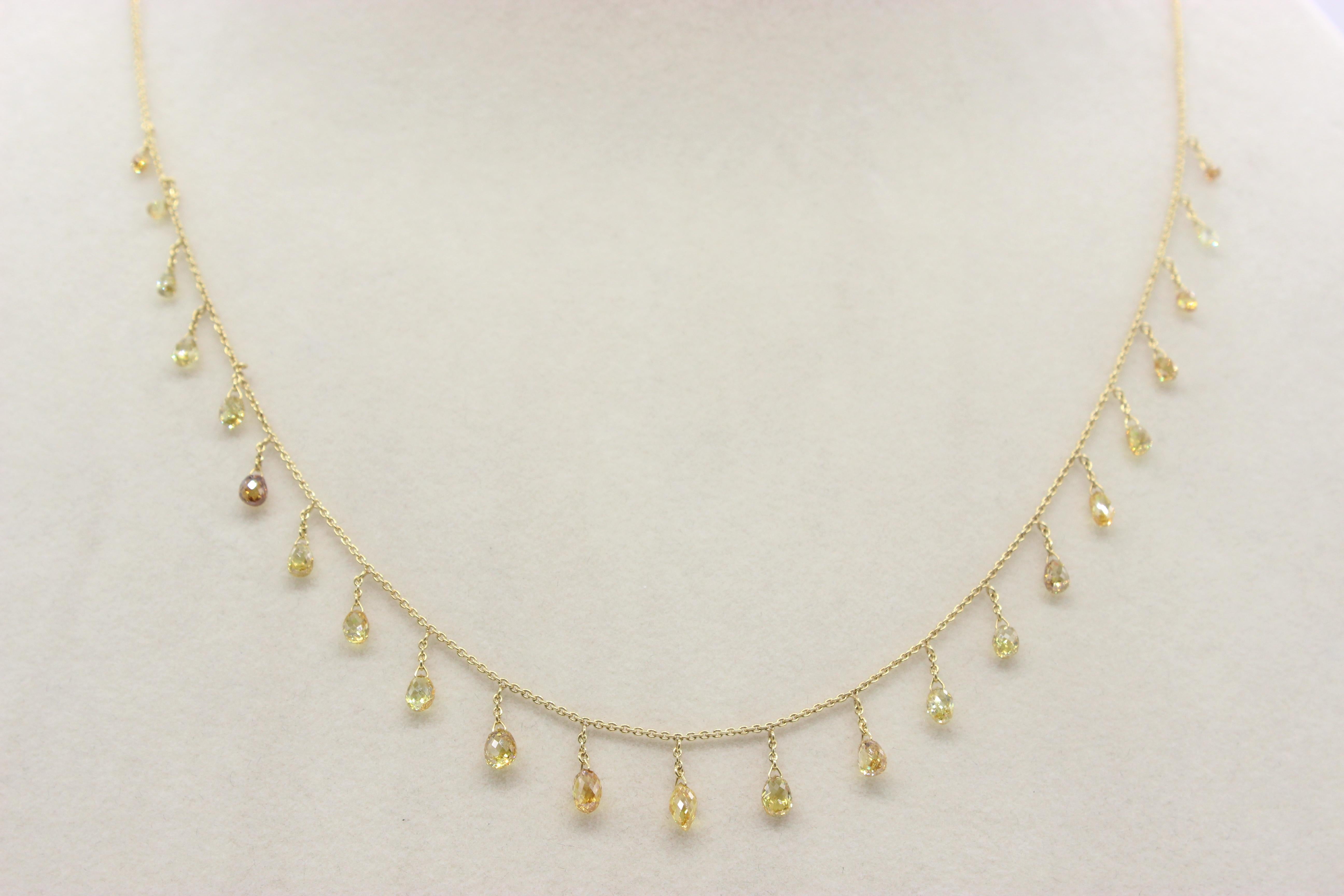 Briolette Cut PANIM 5.30 Carat Fancy Color Diamond Briolette 18 Karat Yellow Gold Necklace For Sale