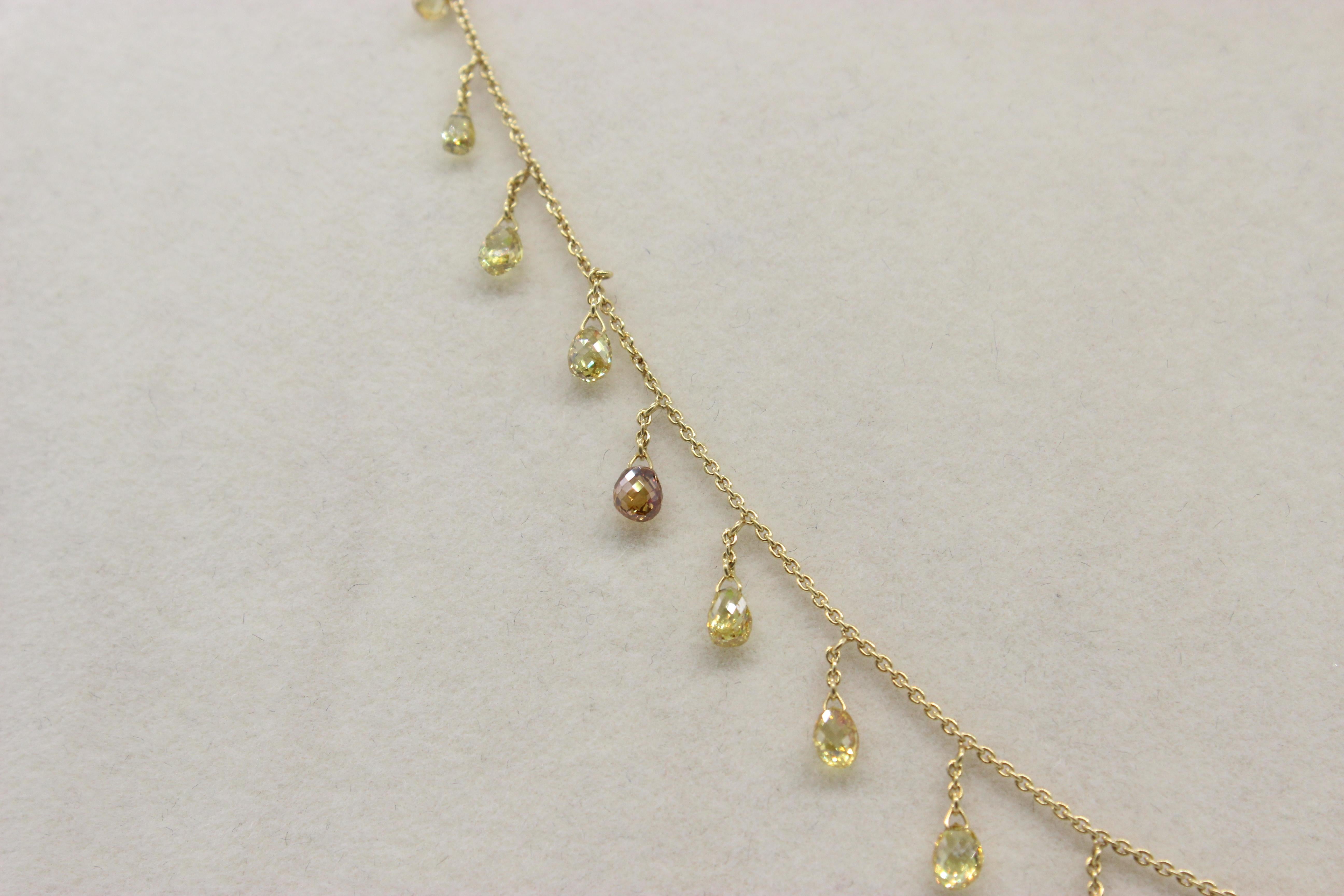 PANIM 5.30 Carat Fancy Color Diamond Briolette 18 Karat Yellow Gold Necklace For Sale 1