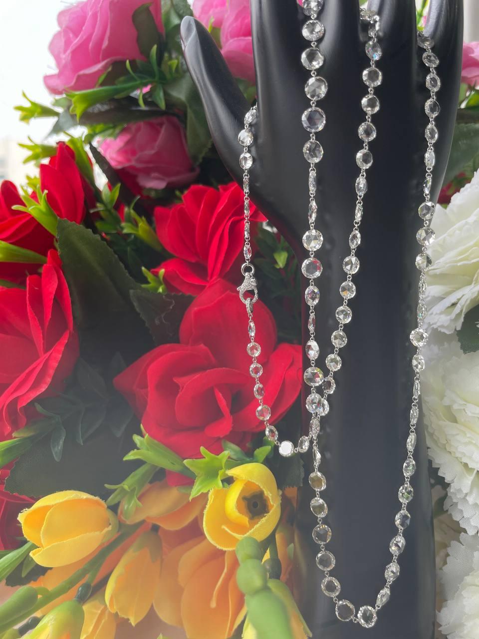 Women's Panim 56.60 Rose Cut Diamond 18k White Gold Long Necklace For Sale