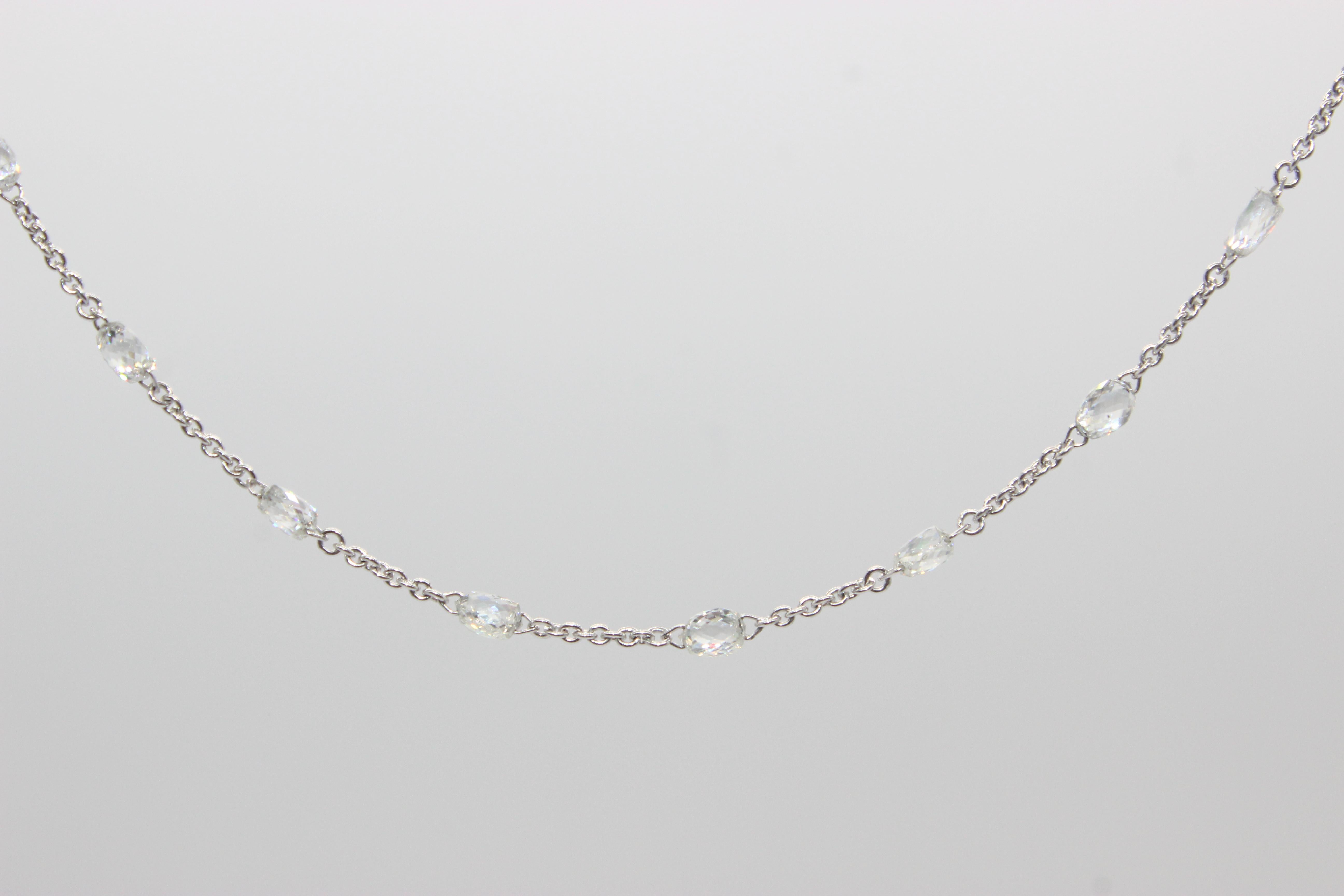 Panim 5.72 Carats Briolette Diamonds 18K White Gold Necklace

This necklace is straight from our classic collection, created using 35 briolette diamonds, the briolettes are placed evenly throughout 18 inches. The briolette diamonds are linked to