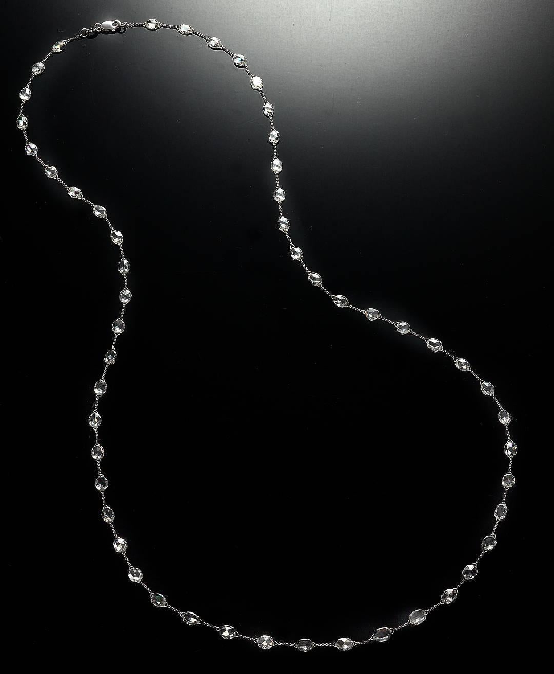 PANIM 5.72 carats Diamond Briolette Link 18K White Gold Necklace

Briolette-cut diamond bead chain necklace, set with thirty five diamonds weighing 5.72 total carats, the diamonds spaced approximately 1cms apart on an 18k white gold cable chain