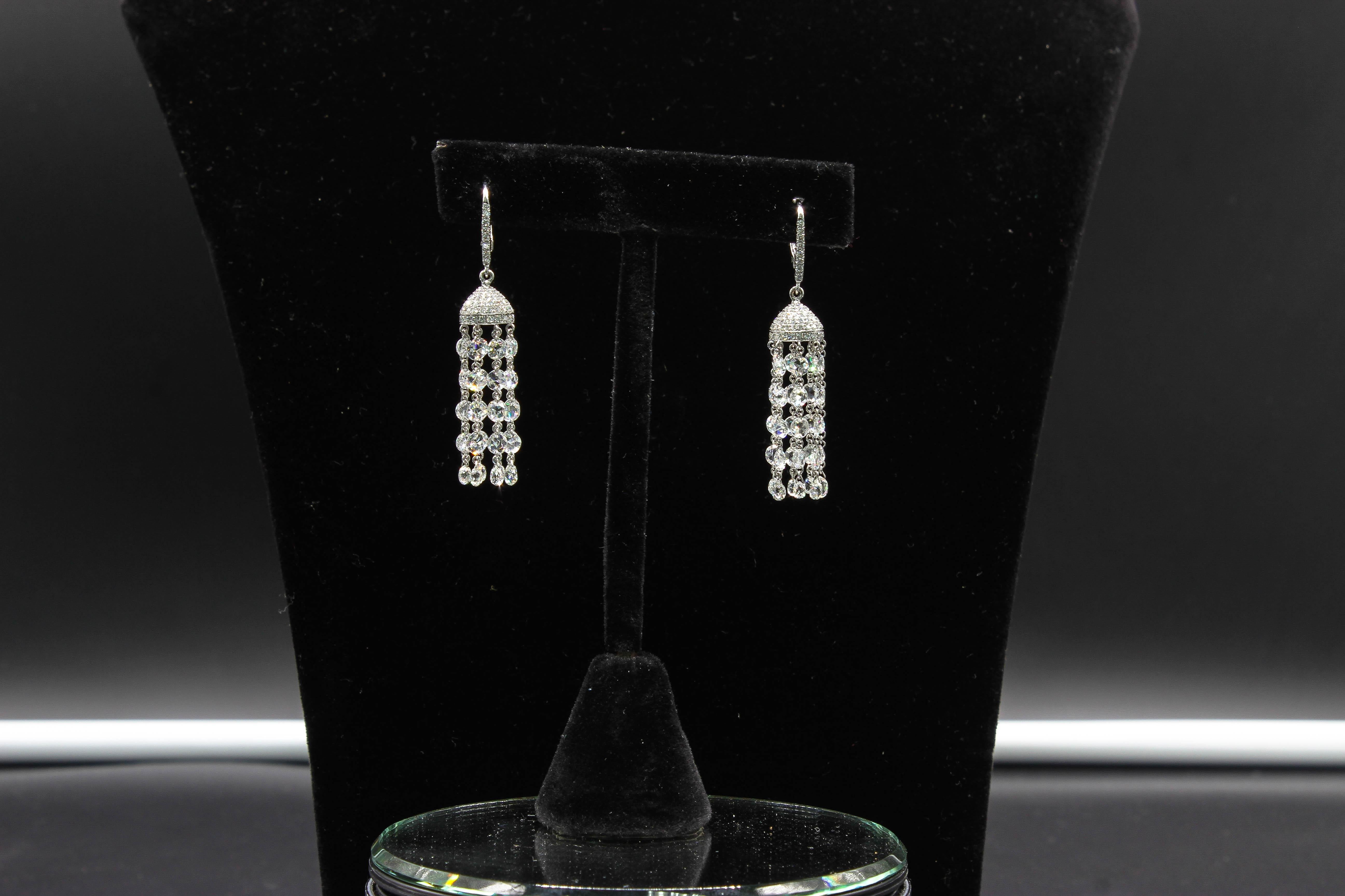 Rose Cut PANIM 8.63 Cts Classic Rosecut 18K White Gold Tassel Earrings For Sale