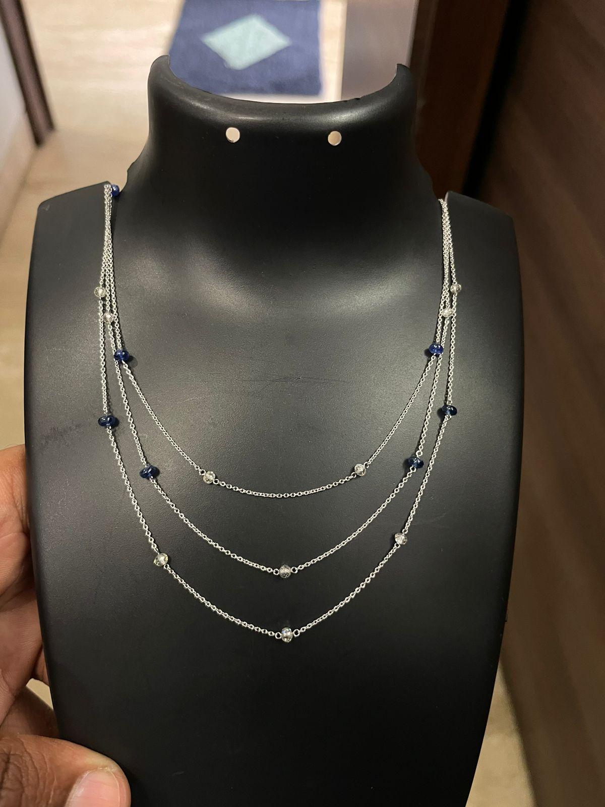 PANIM White Diamond Beads & Sapphire Tri Layer Necklace in 18 Karat White Gold For Sale 4