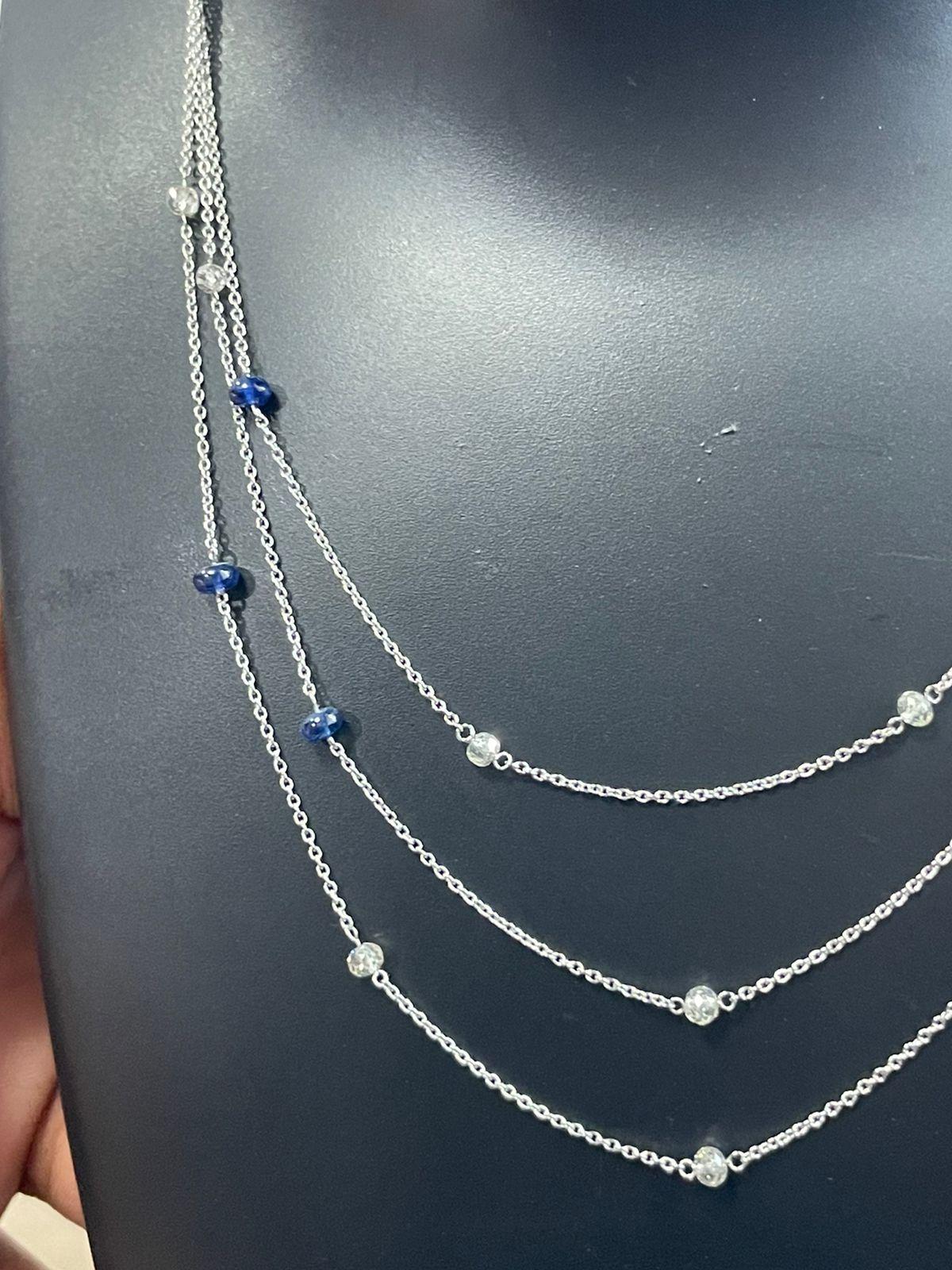 Modern PANIM White Diamond Beads & Sapphire Tri Layer Necklace in 18 Karat White Gold For Sale