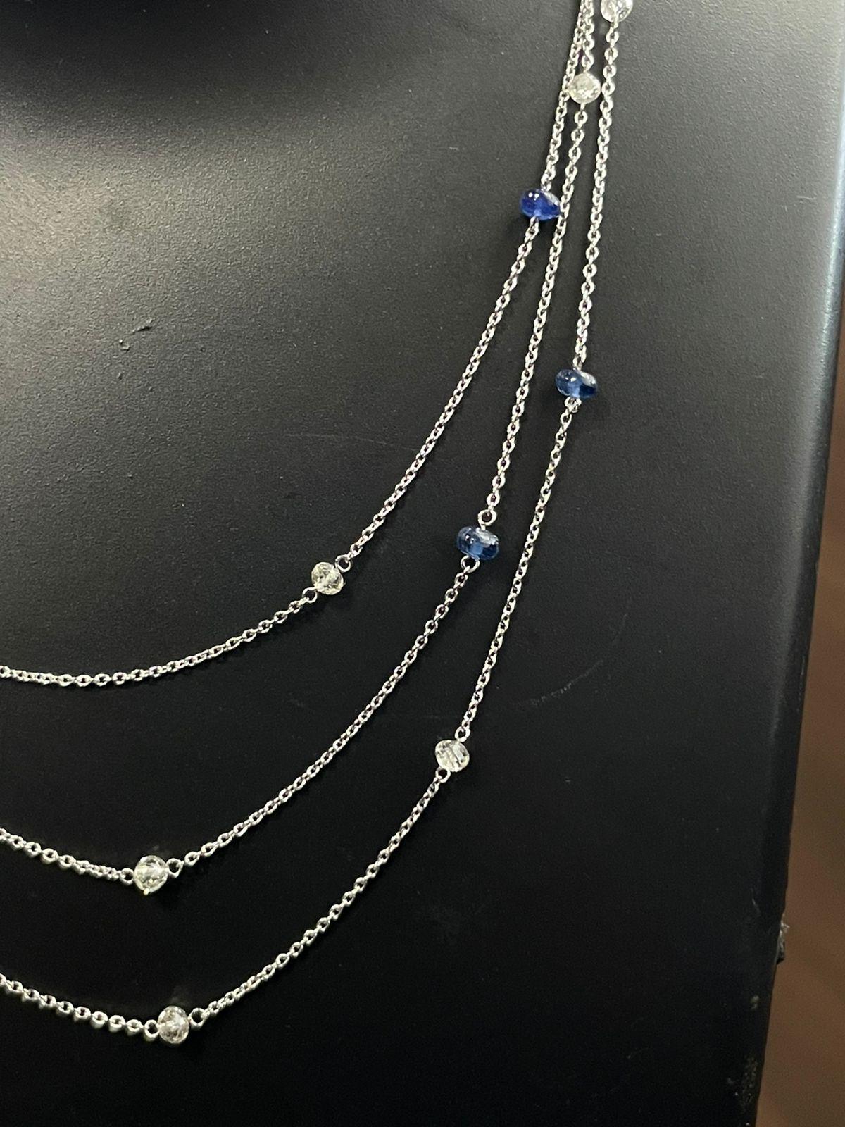 Women's PANIM White Diamond Beads & Sapphire Tri Layer Necklace in 18 Karat White Gold For Sale