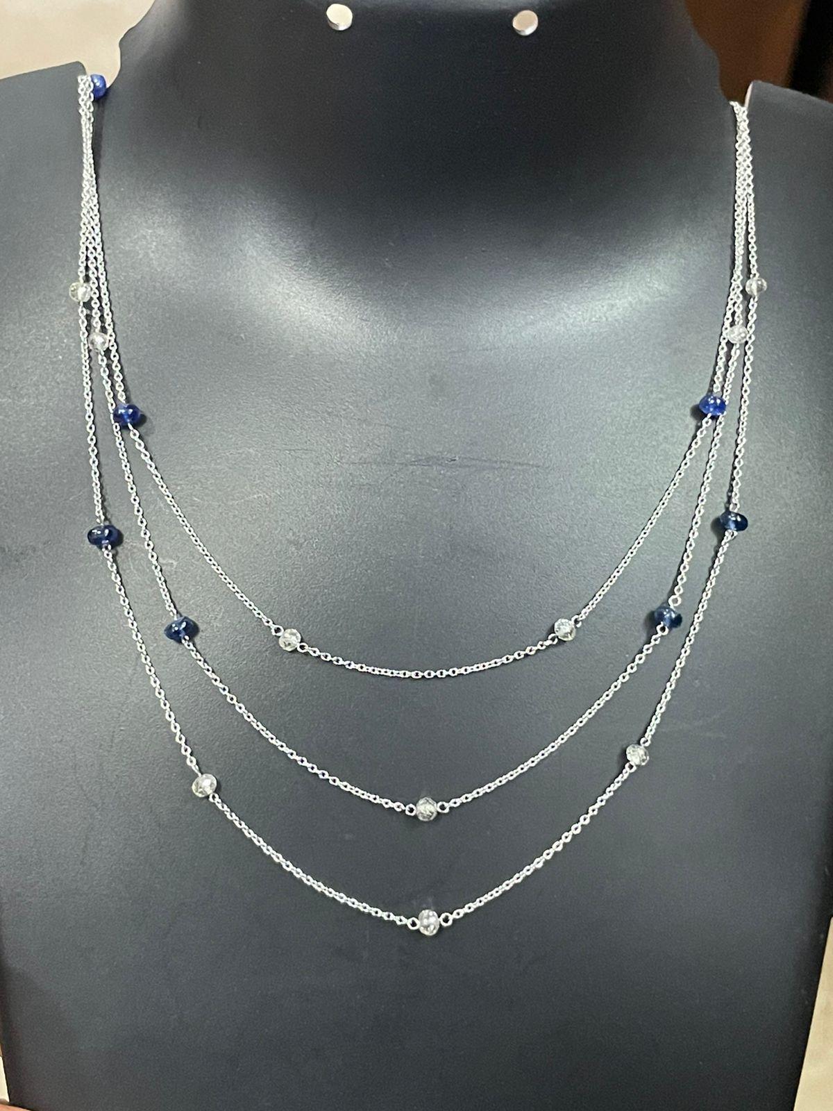 PANIM White Diamond Beads & Sapphire Tri Layer Necklace in 18 Karat White Gold For Sale 1