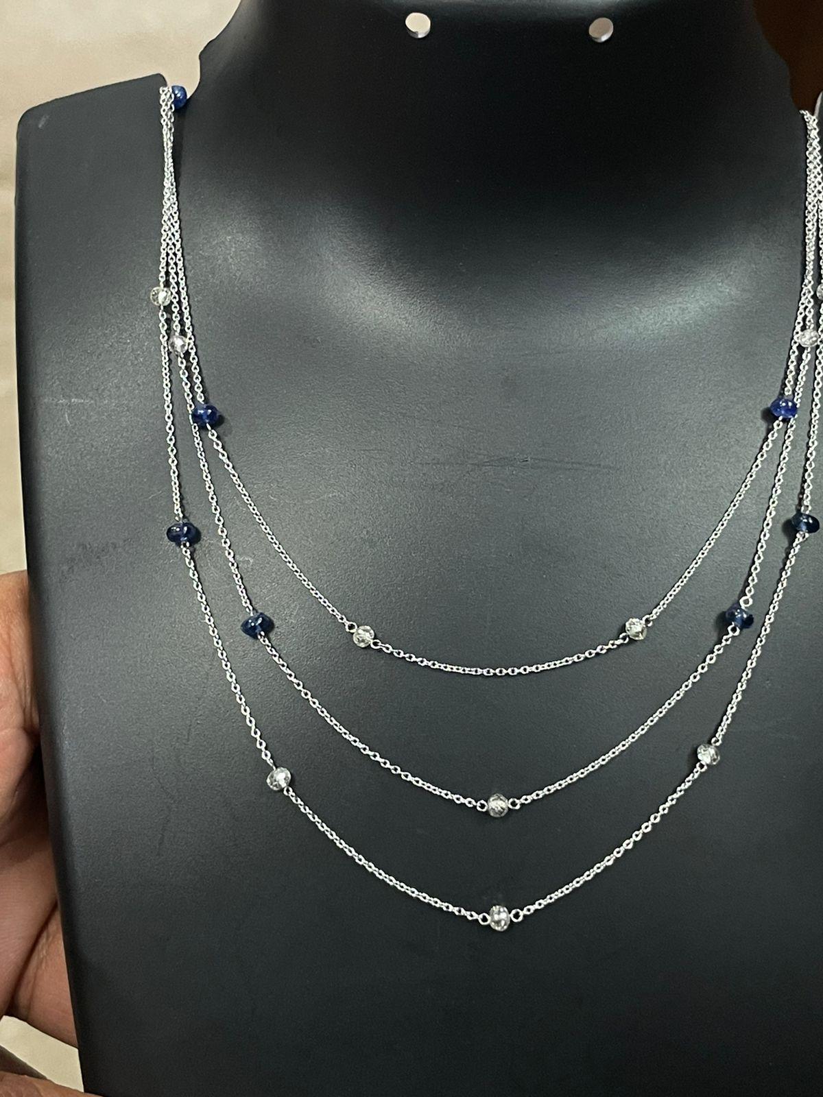 PANIM White Diamond Beads & Sapphire Tri Layer Necklace in 18 Karat White Gold For Sale 2