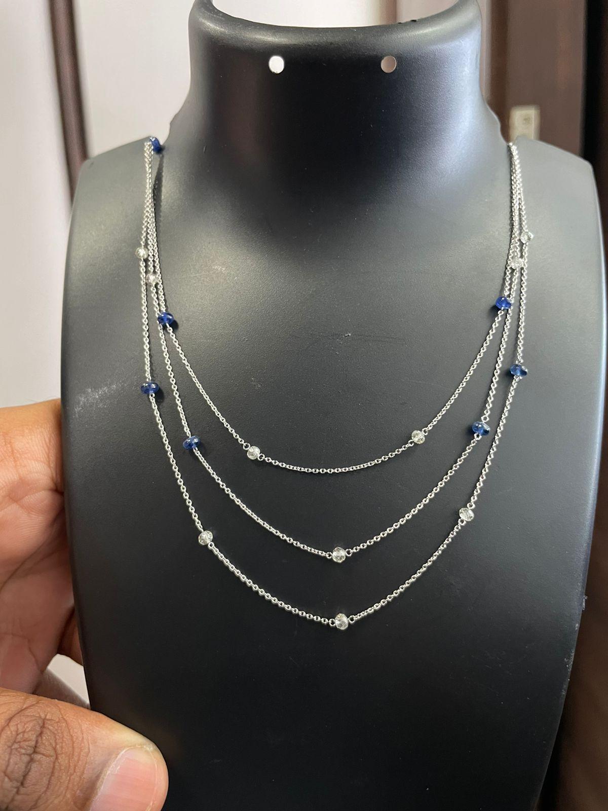 PANIM White Diamond Beads & Sapphire Tri Layer Necklace in 18 Karat White Gold For Sale 3