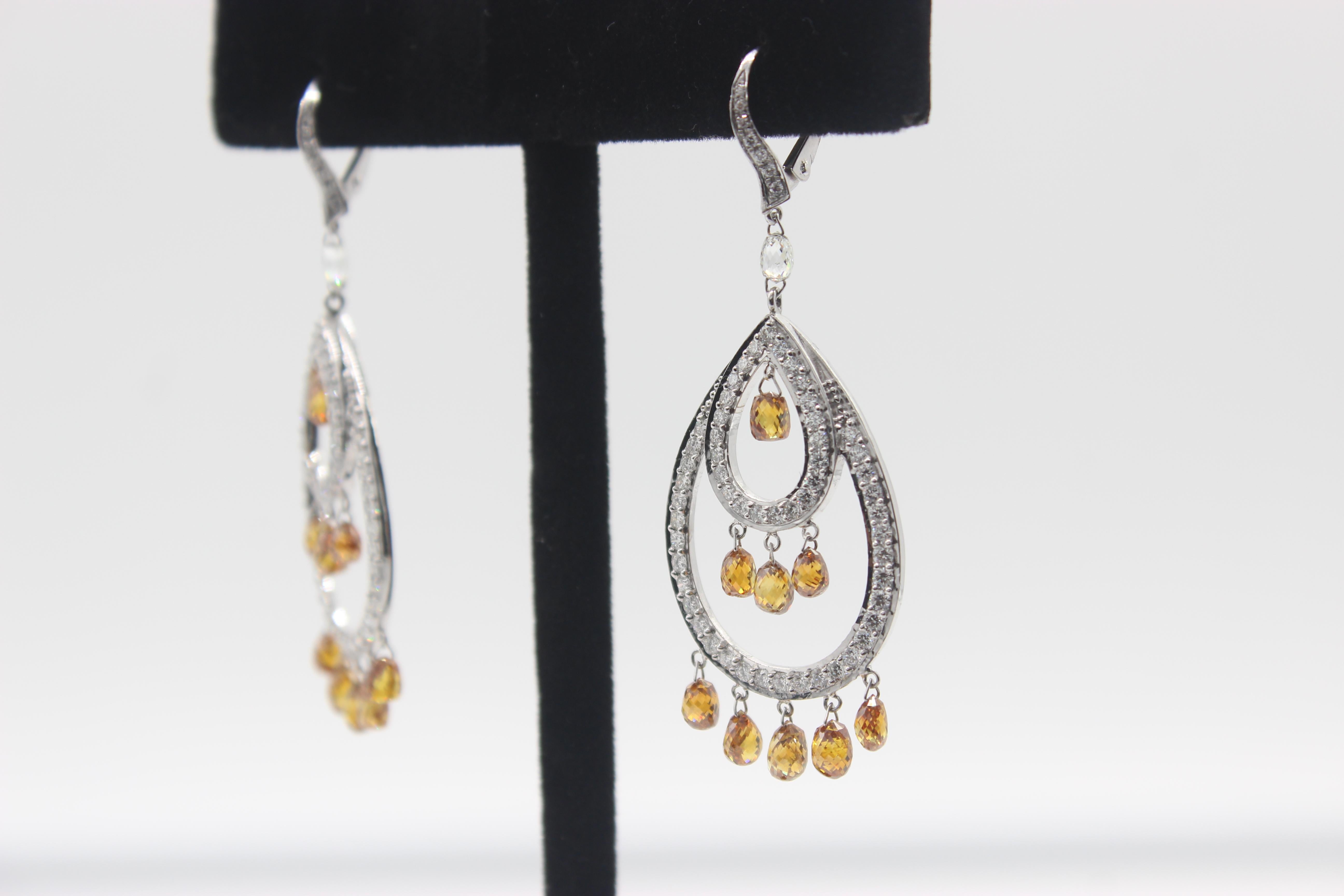 Modern PANIM Champage Briolettes Diamond Dangler Earrings 18 Karat White Gold For Sale