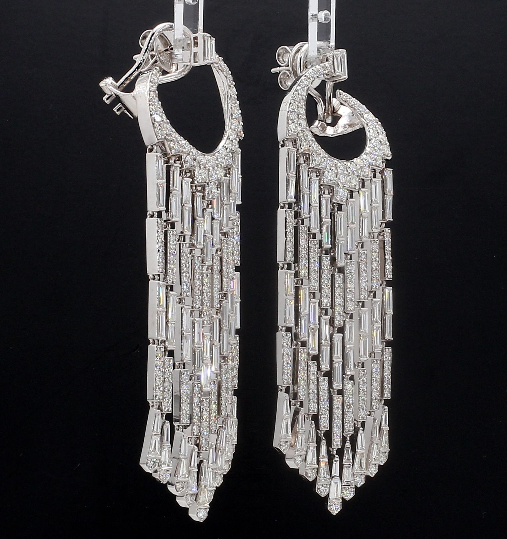 PANIM Diamond Baguette Waterfall Earrings set in 18K White Gold For Sale 9