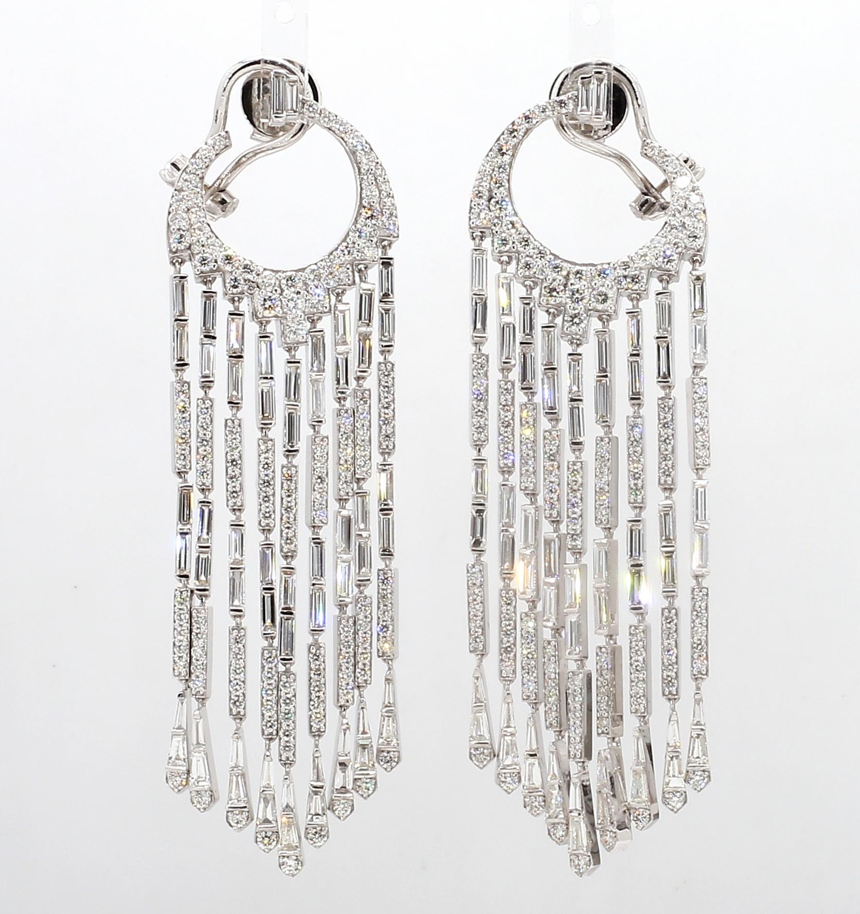 Modern PANIM Diamond Baguette Waterfall Earrings set in 18K White Gold For Sale