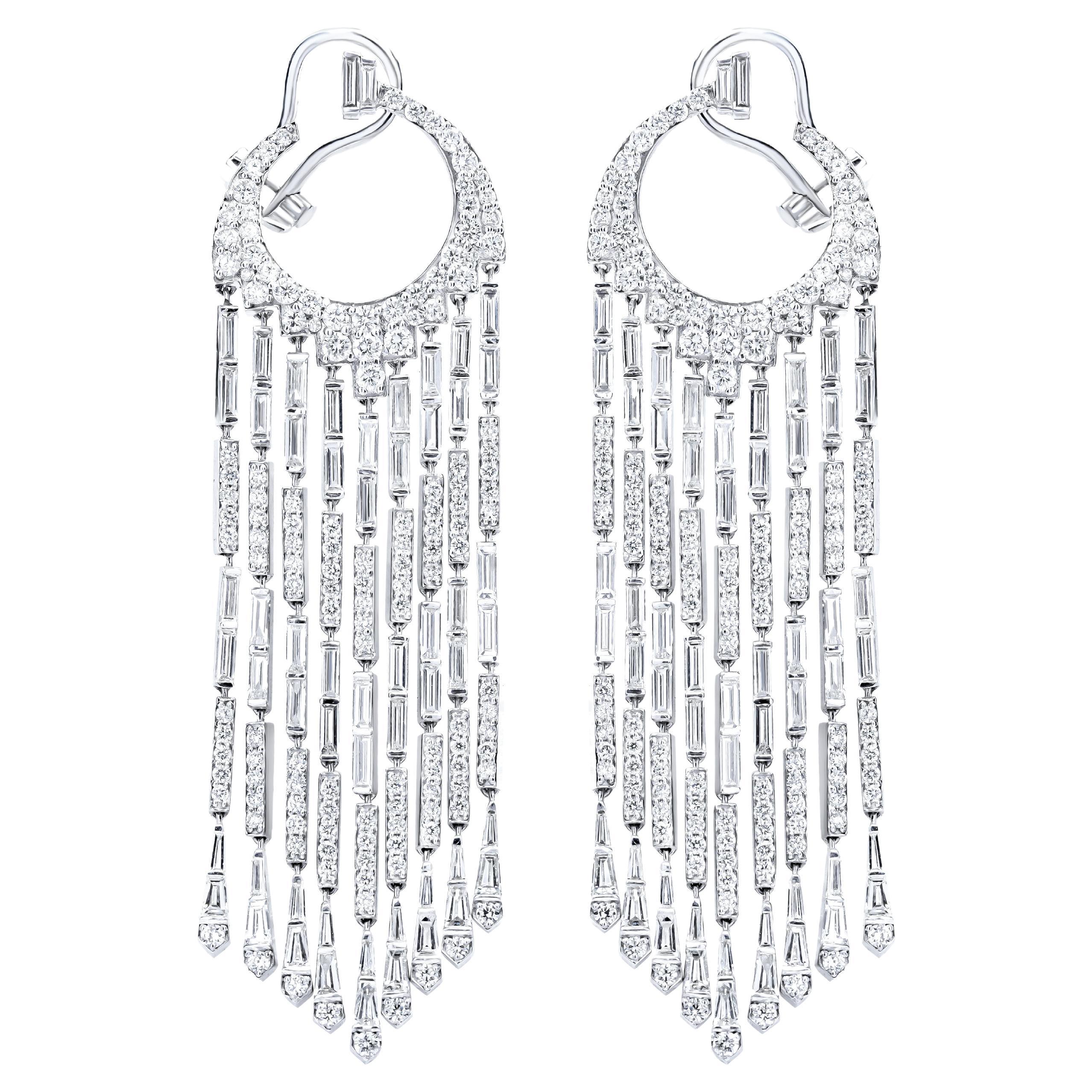 PANIM Diamond Baguette Waterfall Earrings set in 18K White Gold For Sale