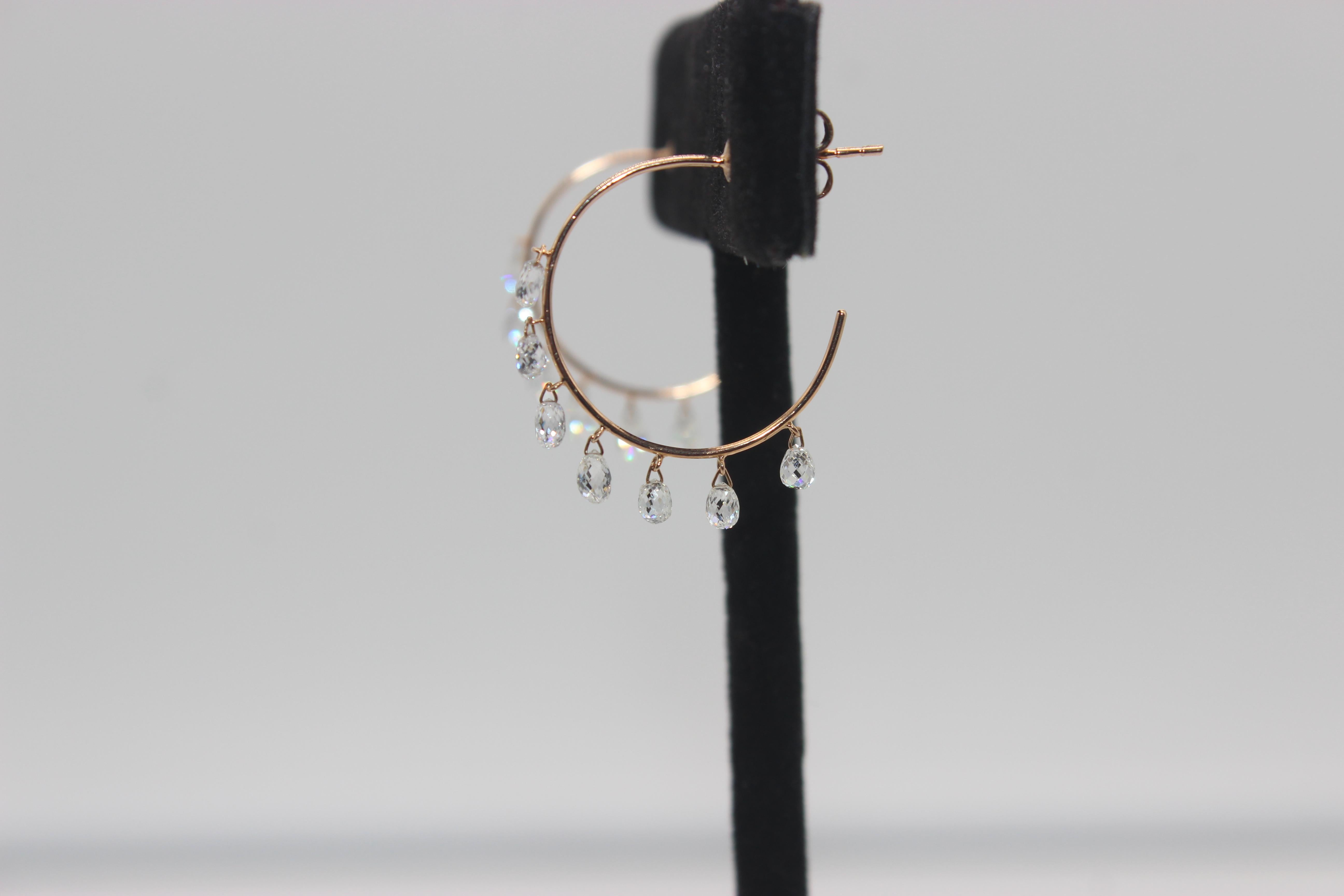 Women's PANIM 2.84 Carats Diamond Briolette 18 Karat Rose Gold Hoops Earrings For Sale