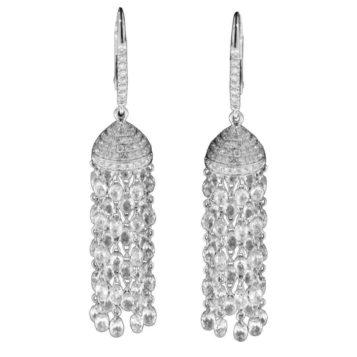 Panim Diamond Briolette 18k White Gold Tassel Earrings For Sale