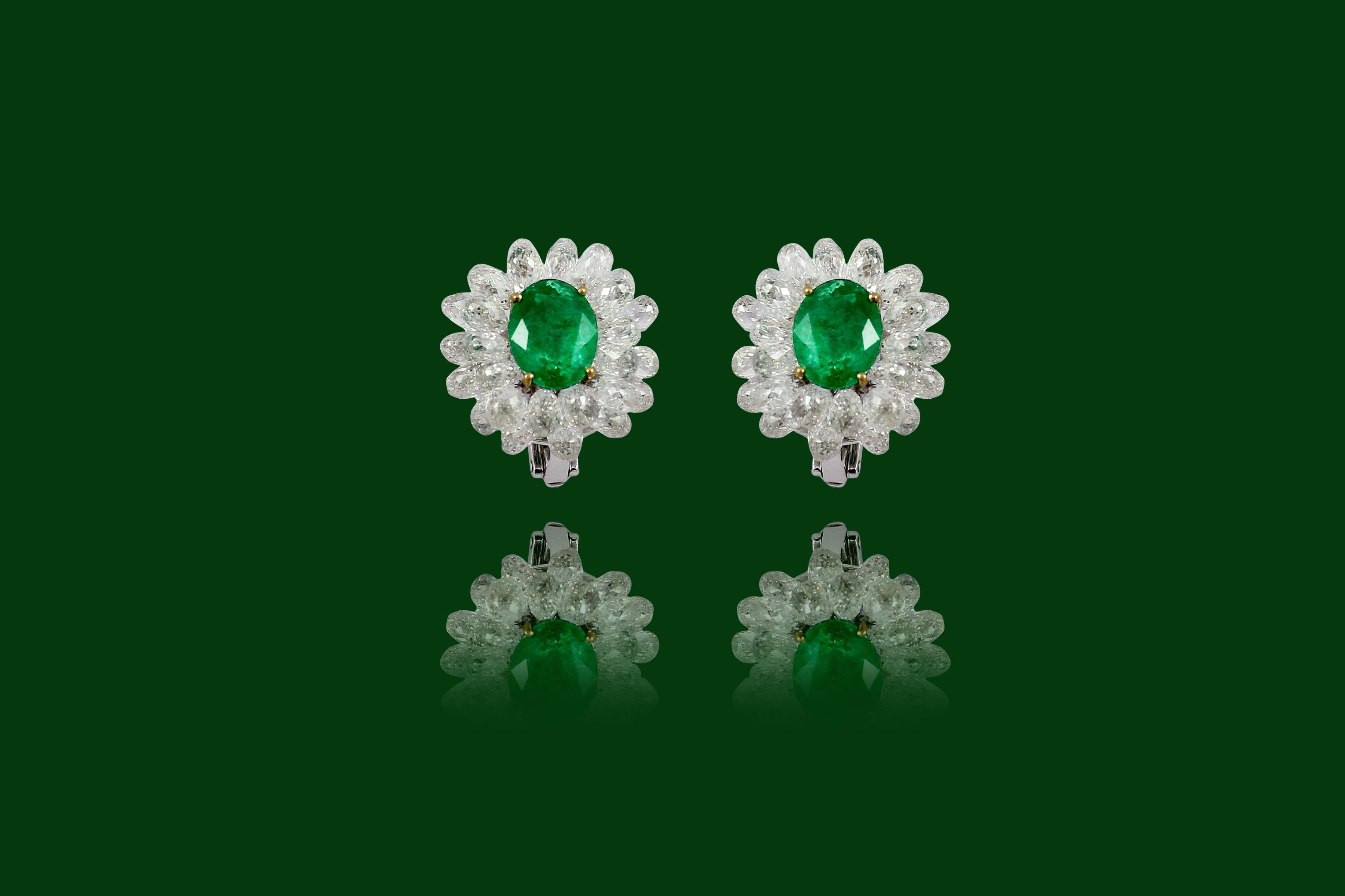PANIM Diamond Briolette and Emerald 14k White Gold Cluster Earrings In New Condition For Sale In Tsim Sha Tsui, Hong Kong