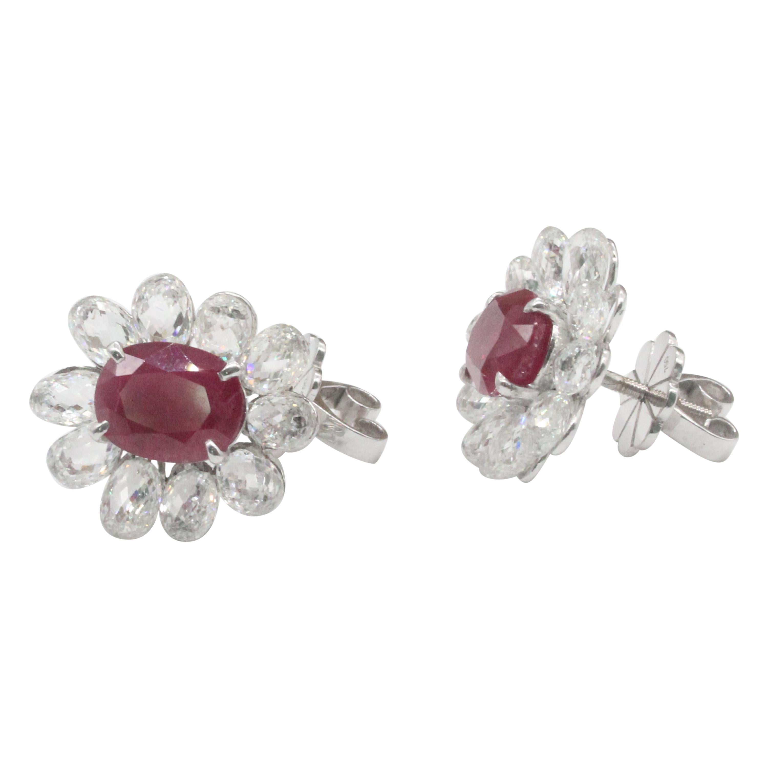 PANIM Diamond Briolette and Ruby 18k White Gold Stud Earrings For Sale