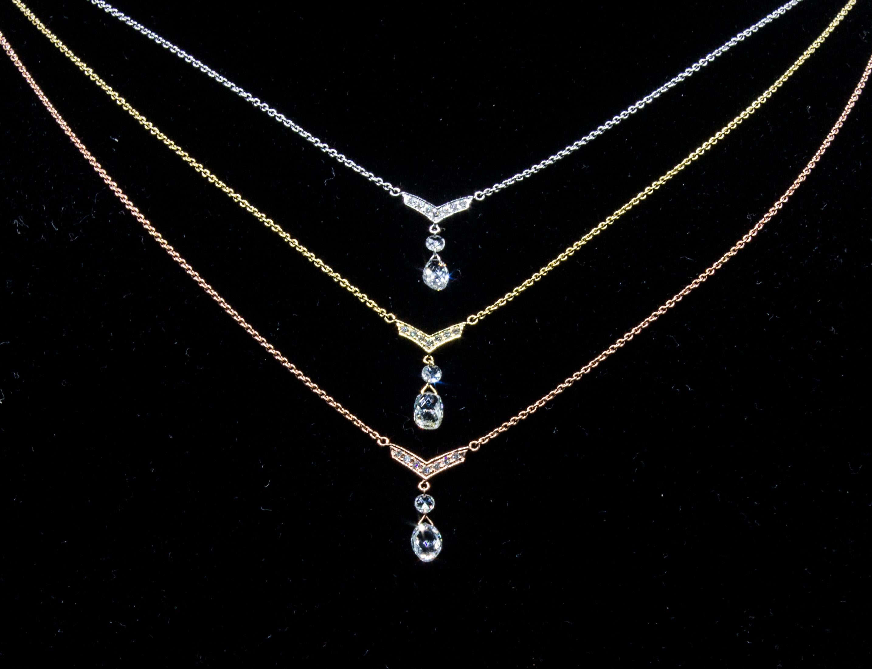 Modern PANIM Diamond Briolette Drop 18K Rose Gold Pendent Necklace For Sale