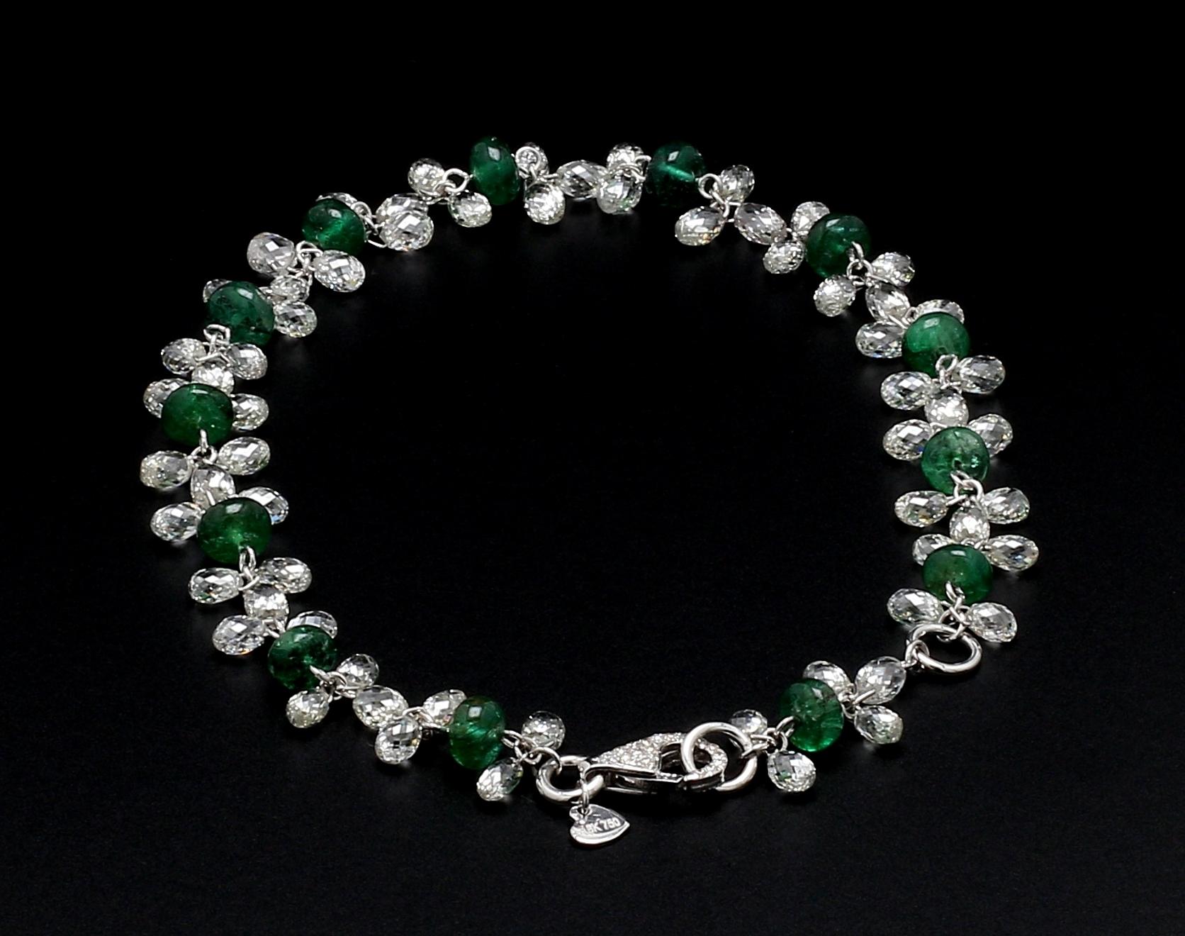 Modern PANIM  Diamond Briolette & Emerald 18K White Gold Dangling Bracelet For Sale
