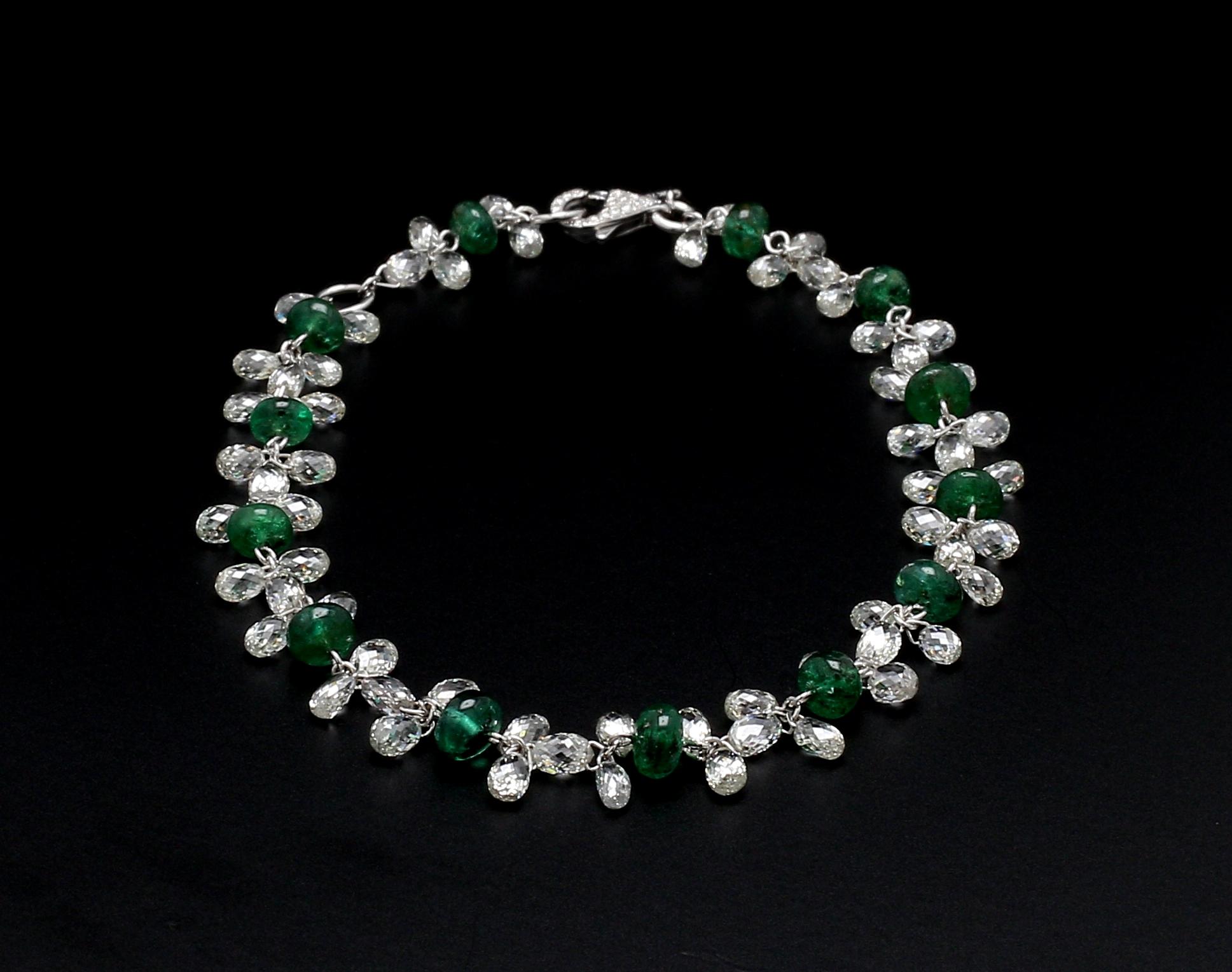 Women's PANIM  Diamond Briolette & Emerald 18K White Gold Dangling Bracelet For Sale