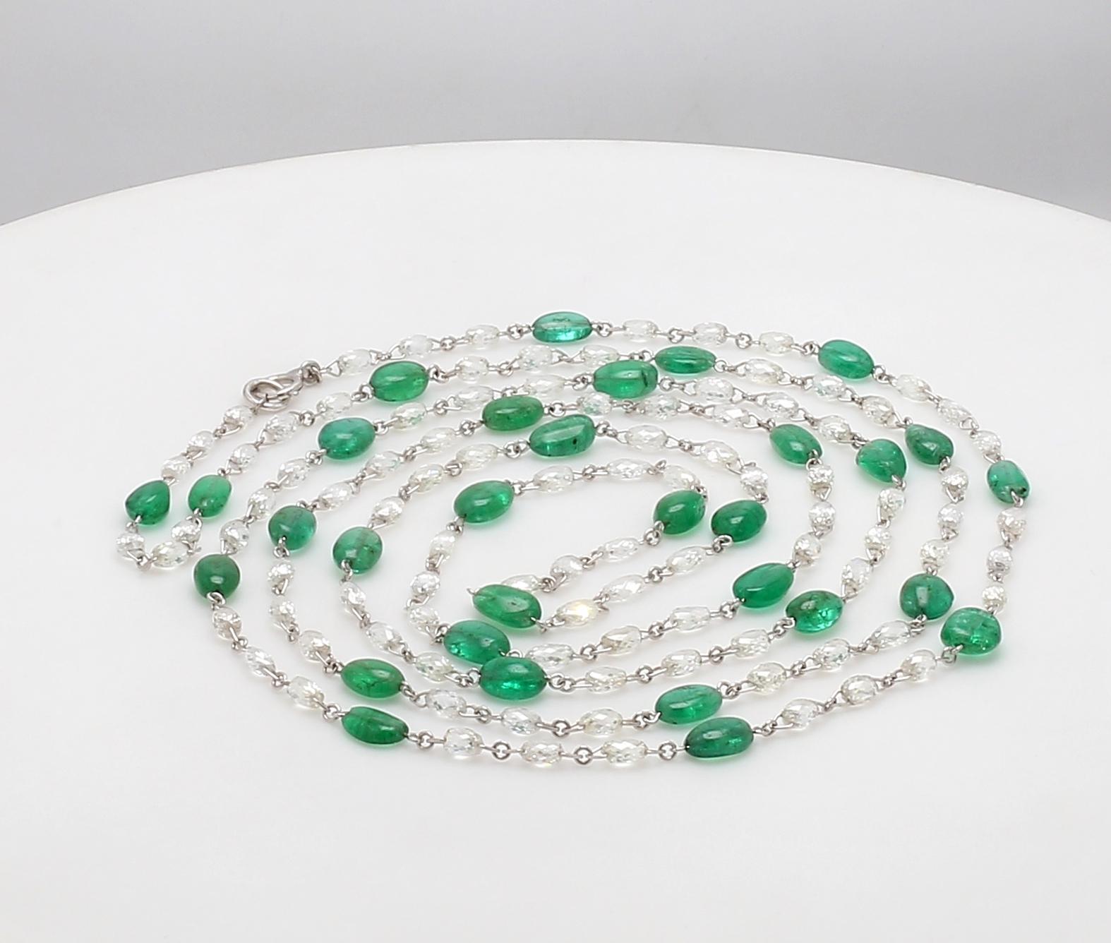 PANIM Diamond Briolette & Emerald Necklace in 18K White Gold 

A beautiful diamond briolette and emerald & 18k gold long necklace by Panim .The Necklace forms a continuous row of diamonds with very little metal in between ,giving a wonderfully