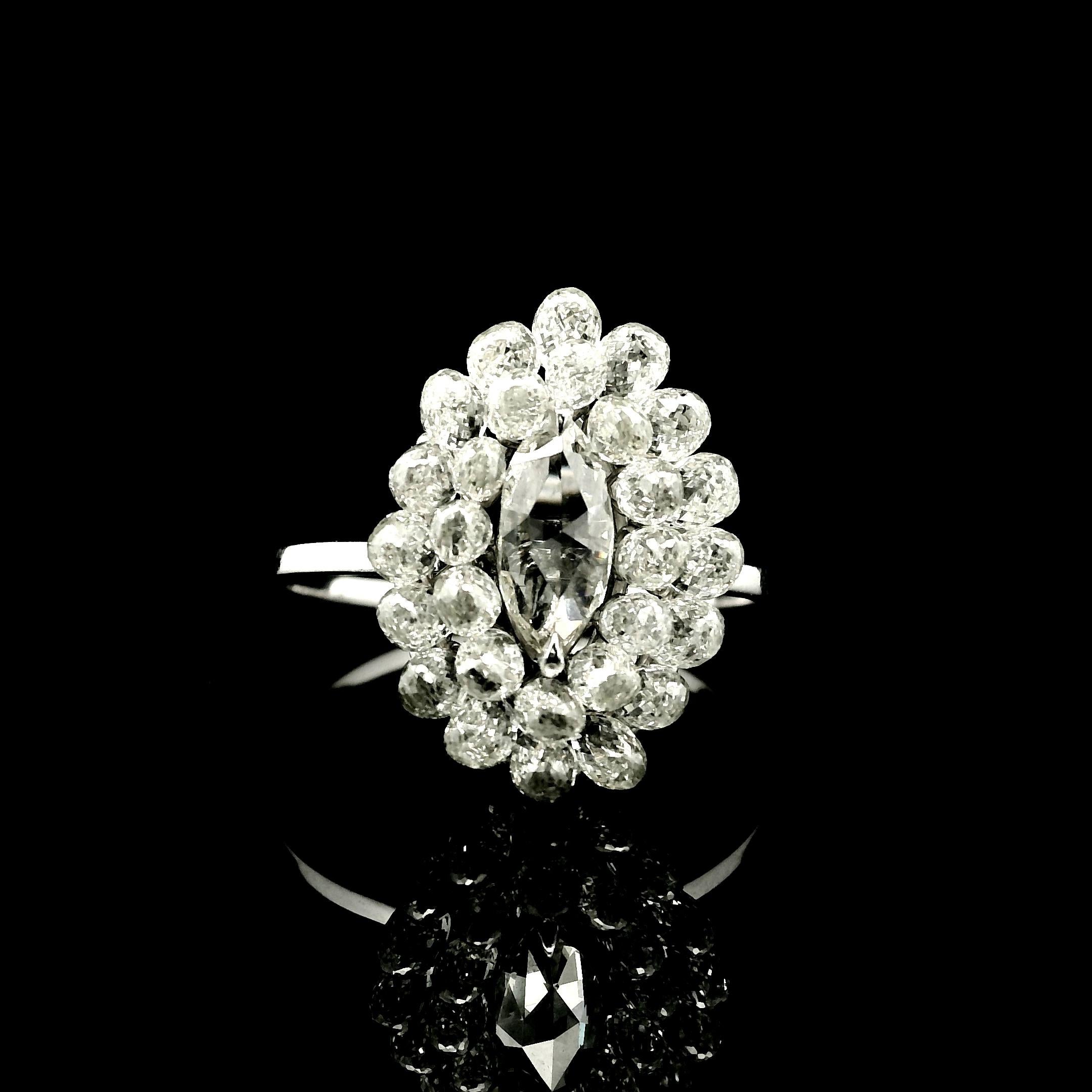Panim Diamond Marquise & Briolette 18k White Gold Cluster Ring For Sale 1