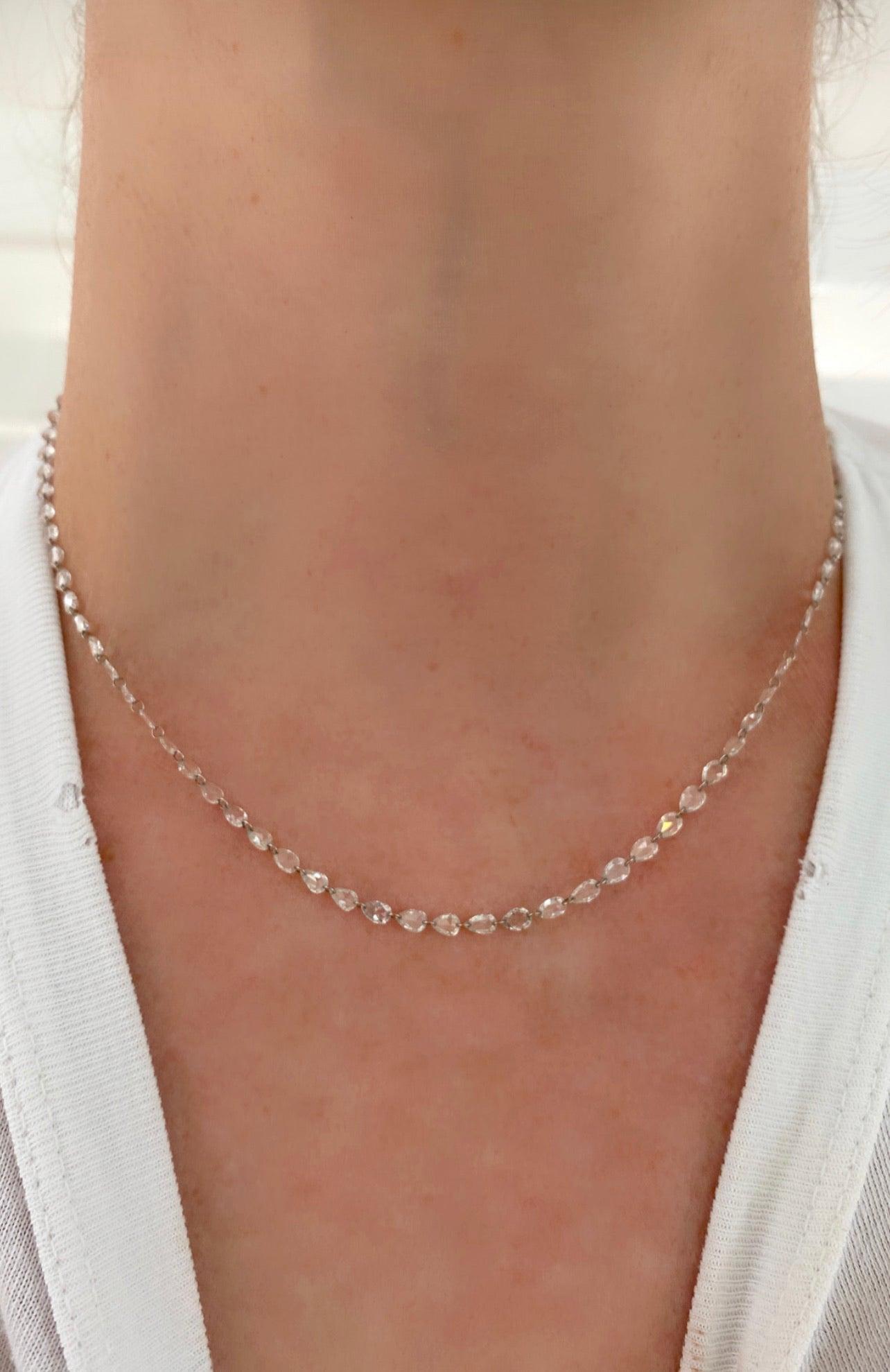 PANIM Diamond Rose cut 5.21Cts Necklace in 18K White Gold

*18kt white gold rose cut pear diamond necklace.

*Carat weight varies by length.  5.00-5.40 carats.

*Color: F-G/Clarity: VS.

*Available in 16