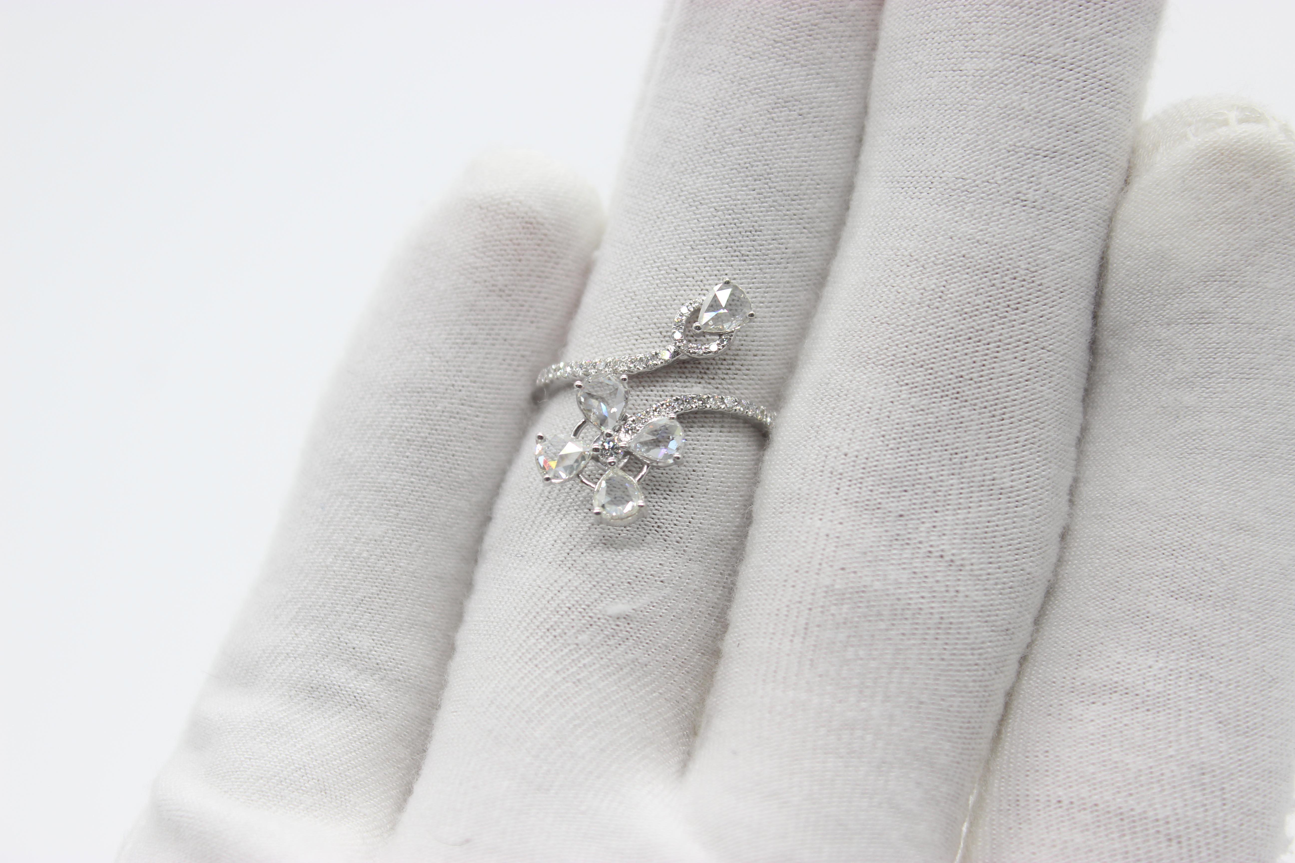 Rose Cut PANIM Diamond Rosecut 18K White Gold Floral Ring For Sale