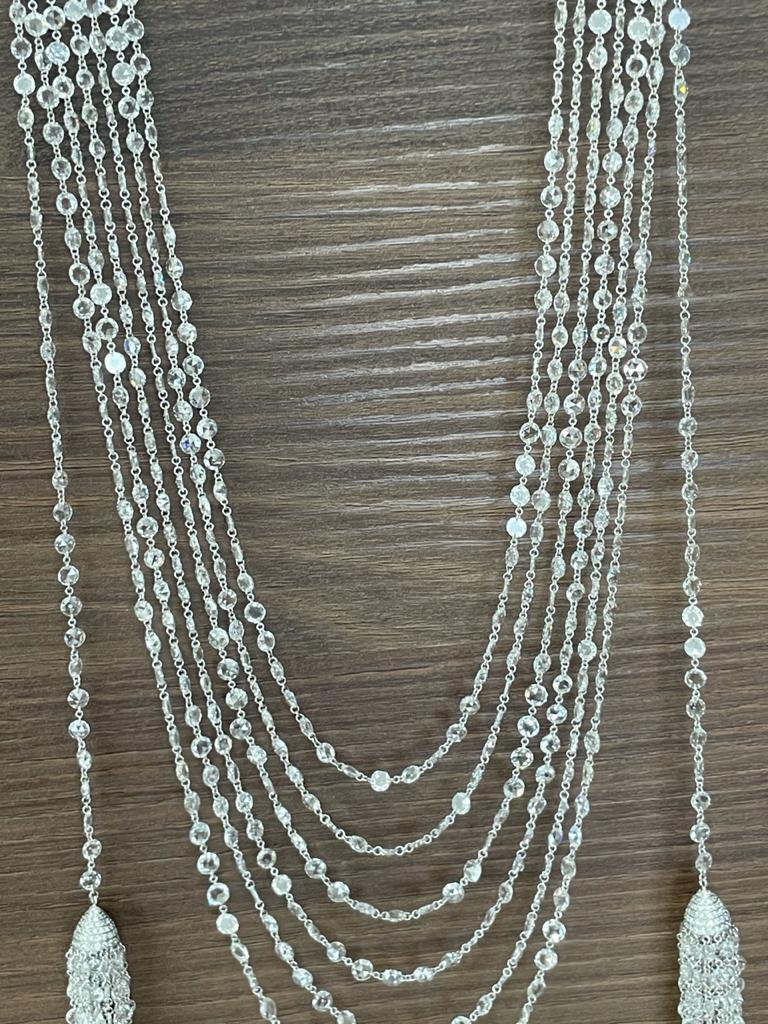 Panim Diamond Rosecut 6 Layered 18K White Gold duo Tassel Necklace For Sale 5