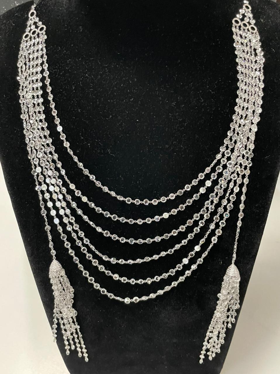 Modern Panim Diamond Rosecut 6 Layered 18K White Gold duo Tassel Necklace For Sale