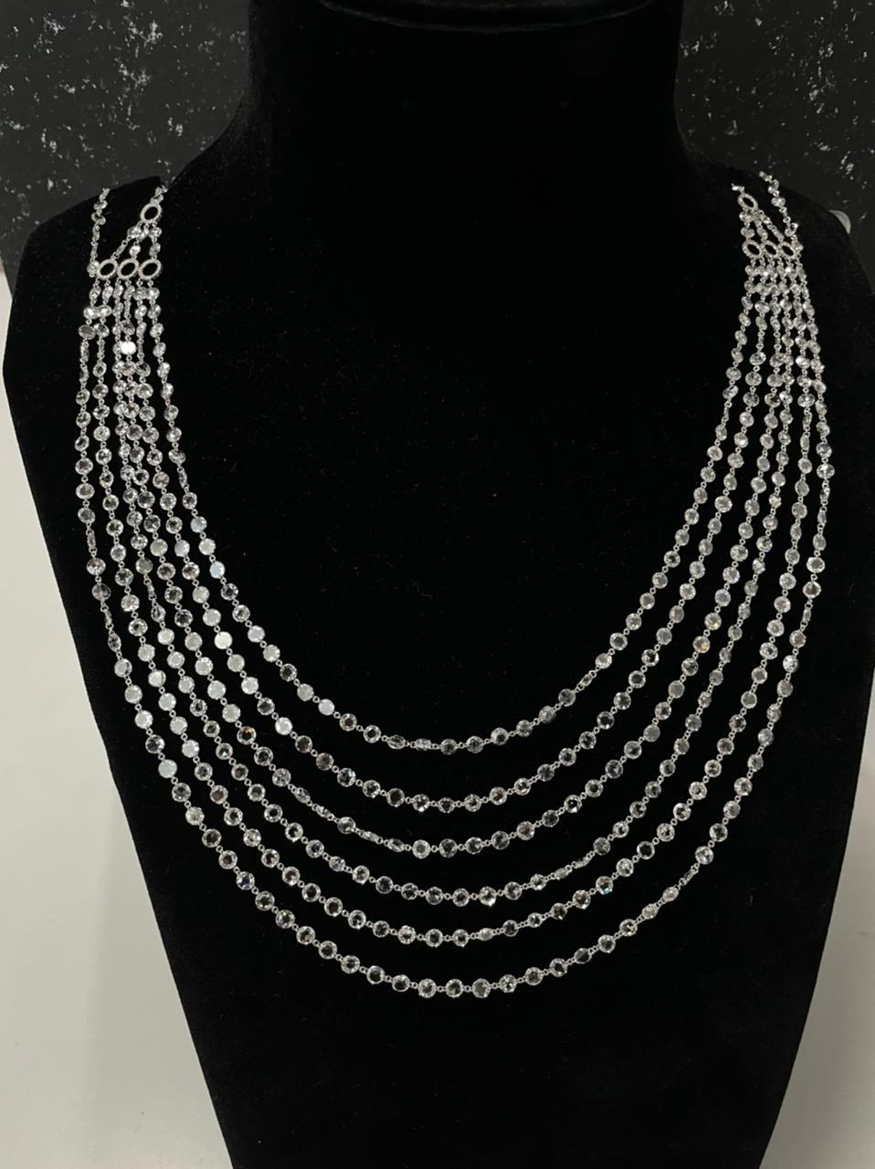 Rose Cut Panim Diamond Rosecut 6 Layered 18K White Gold duo Tassel Necklace For Sale