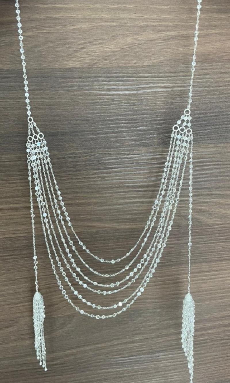 Panim Diamond Rosecut 6 Layered 18K White Gold duo Tassel Necklace For Sale 2