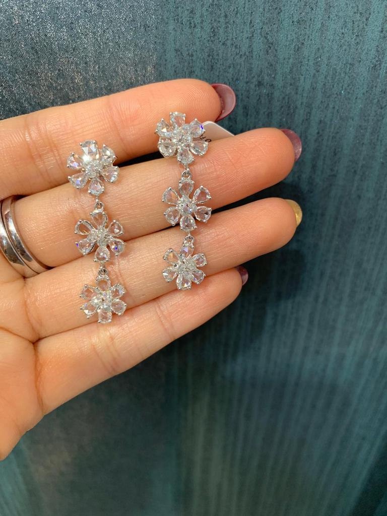 Women's or Men's PANIM  Diamond Rosecut and Briolette 18k White Gold Floral Earrings For Sale